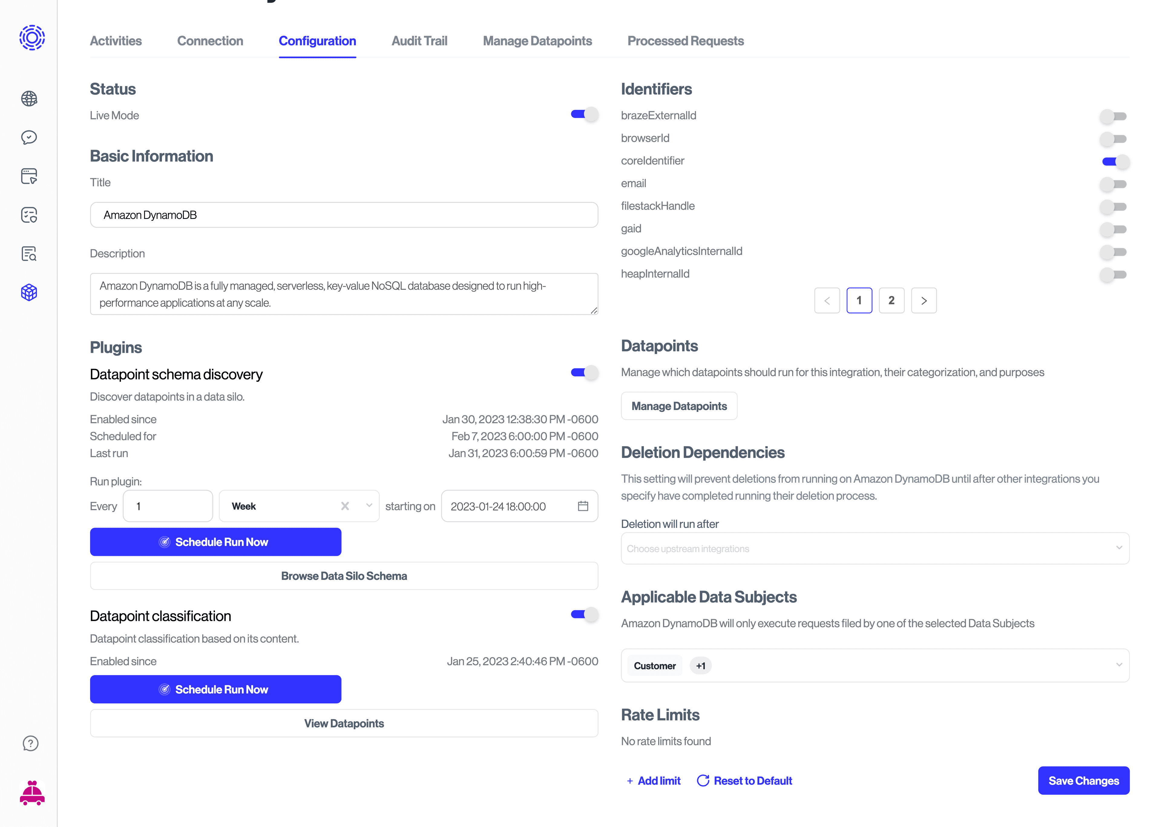 Integrations configuration page