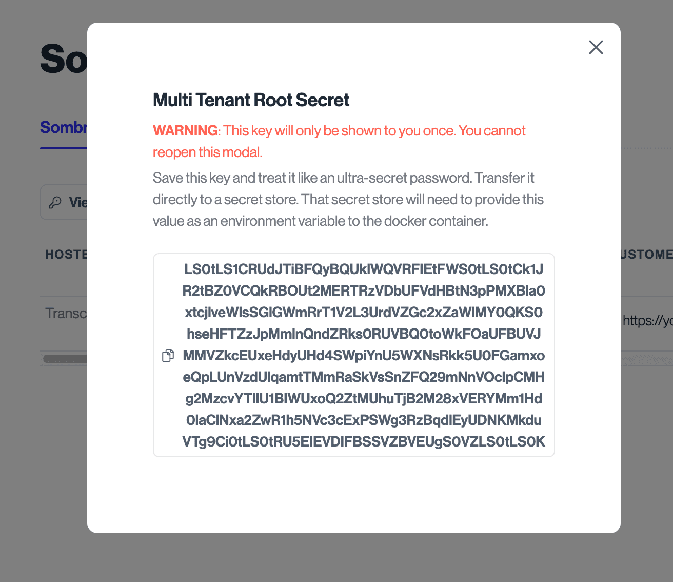 Sombra configuration page in the Admin Dashboard showing the new modal