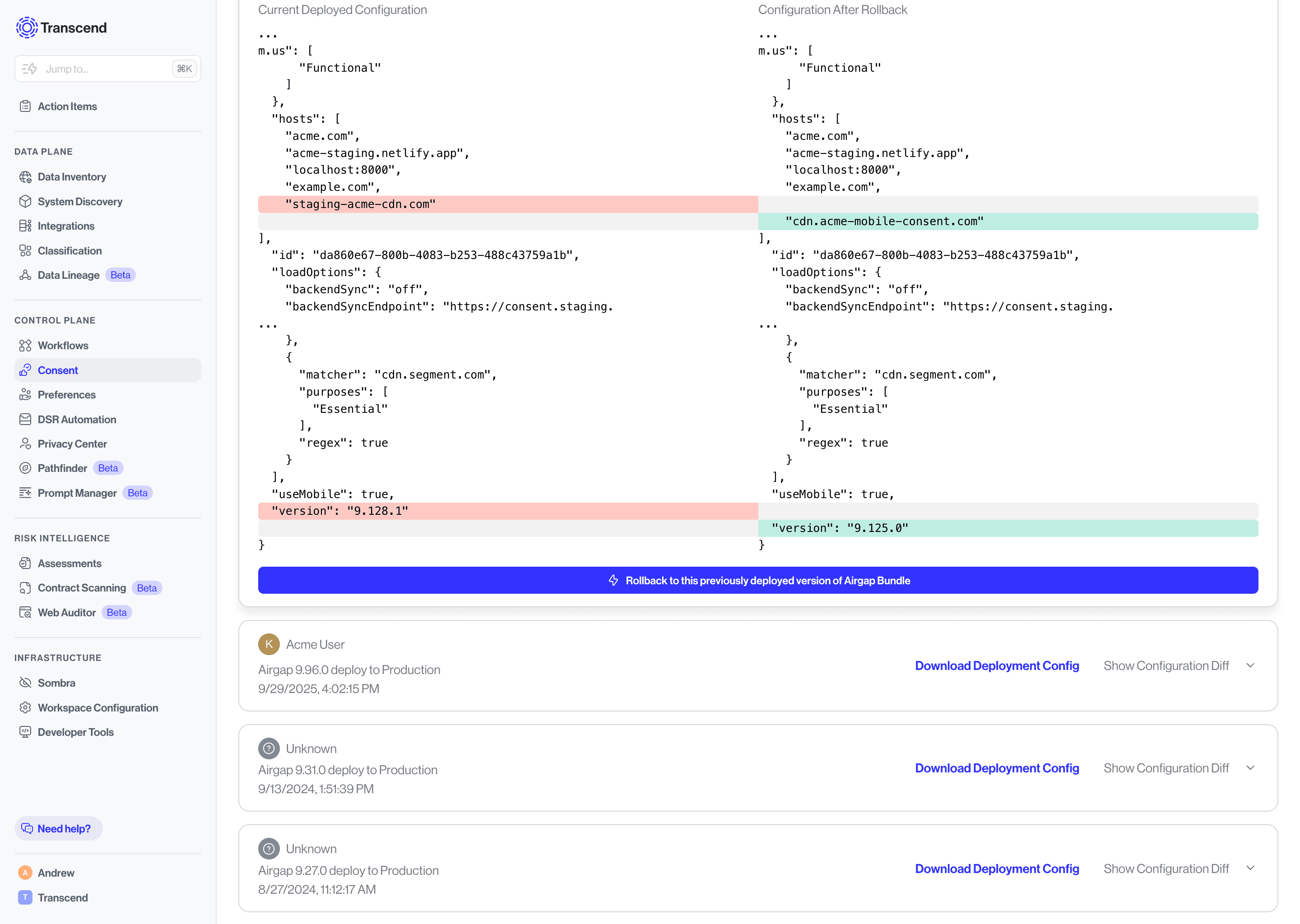 Difference between Previously Deployed and Currently Deployed Configuration