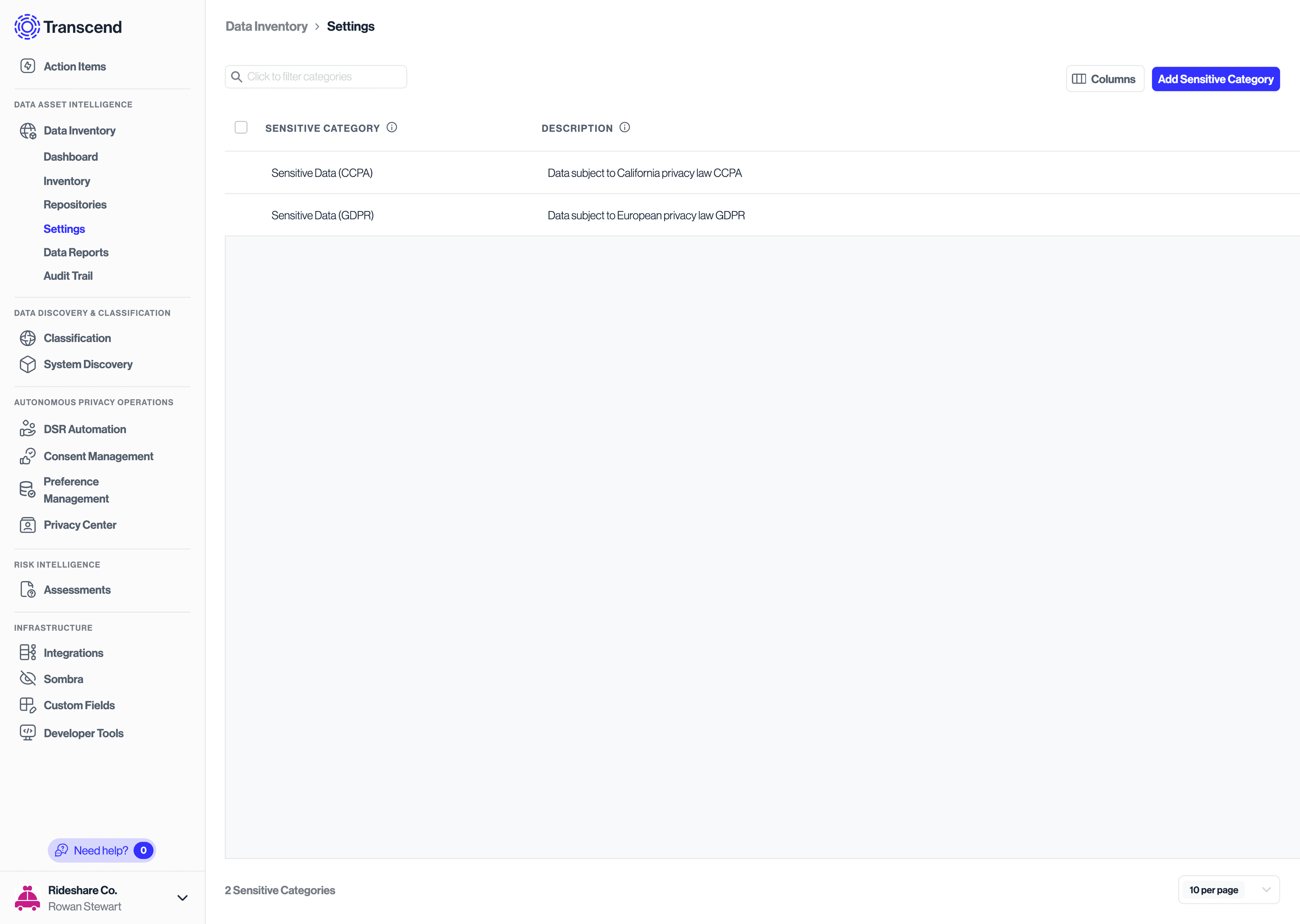 Creating Sensitive Category in Inventory > Settings
