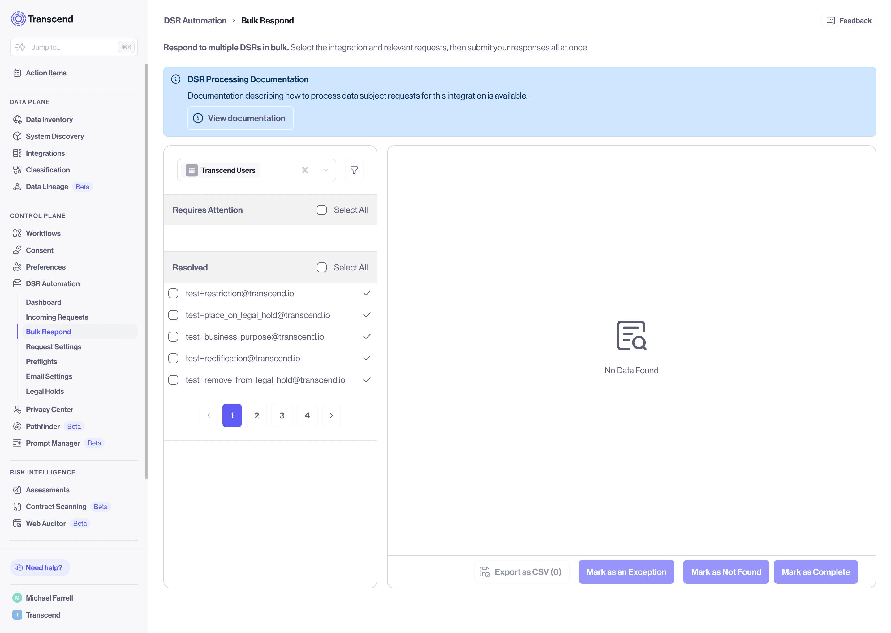 DSR processing documentation shown under the bulk respond page at the top. Click view documentation to view the docs.