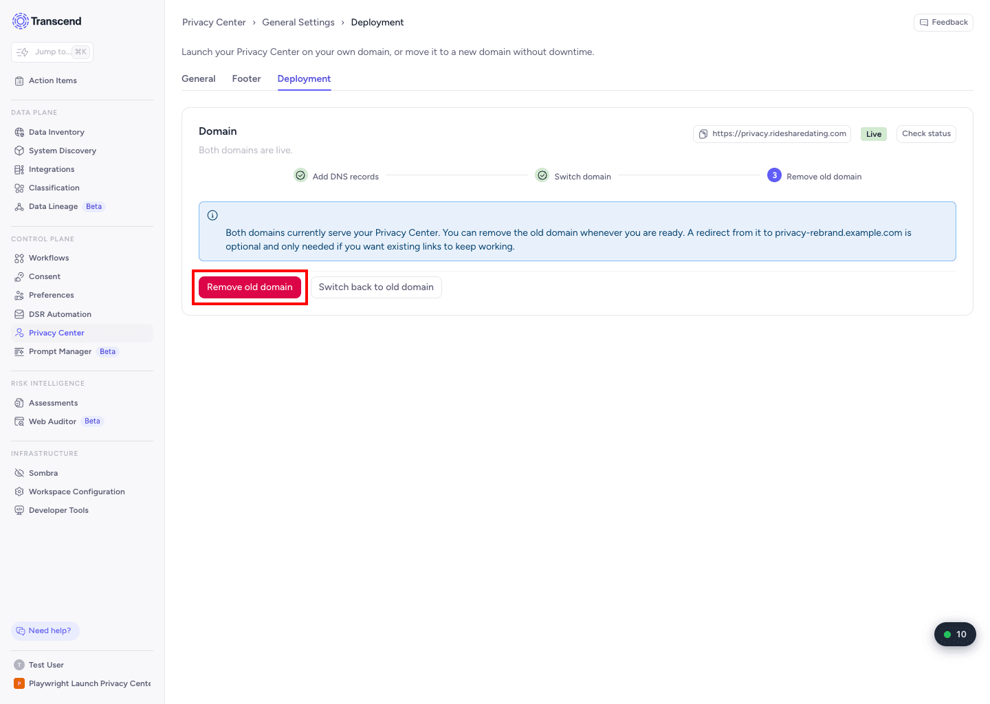 Deployment tab showing both domains live with Remove old domain button