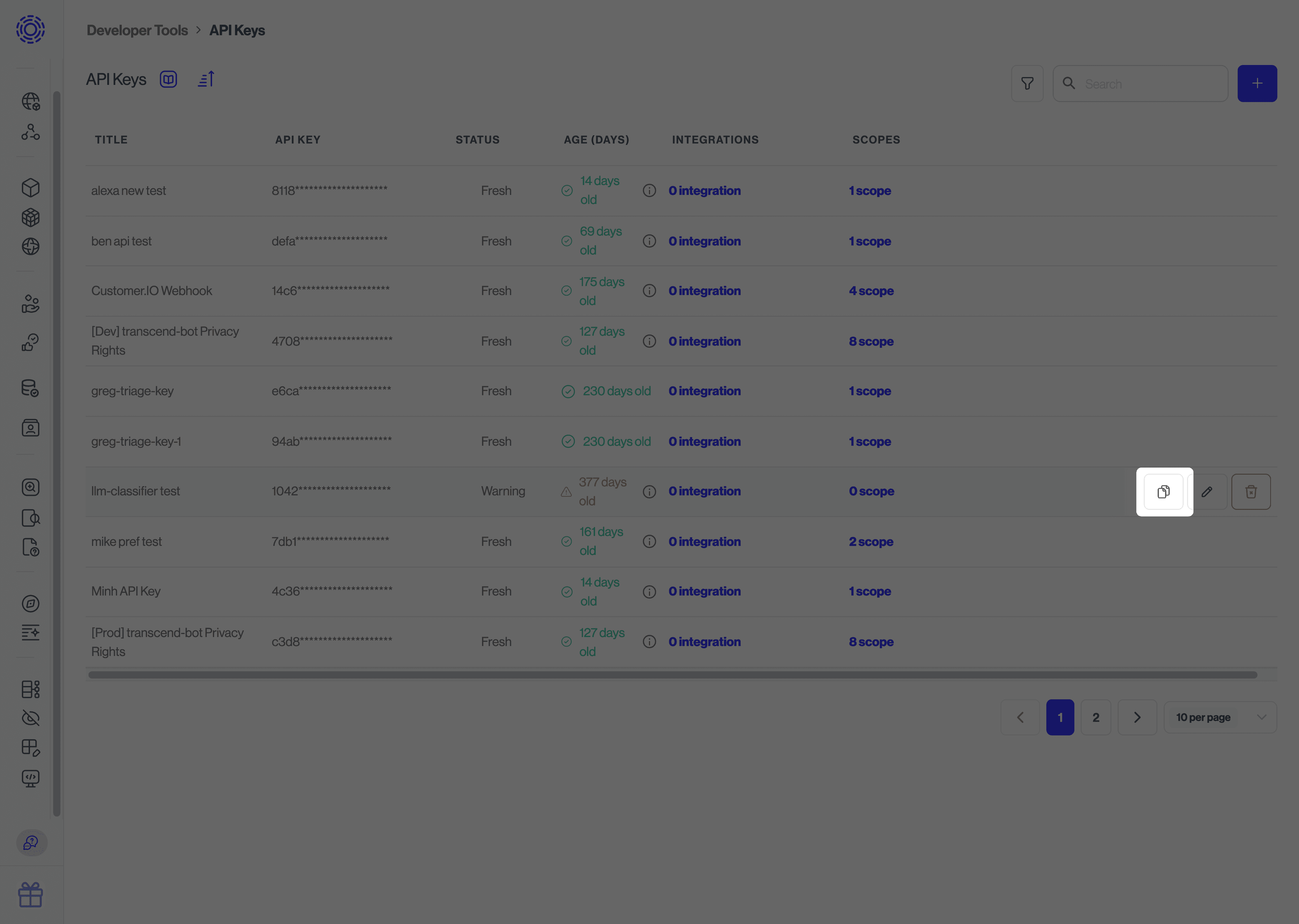 Dev Tools > API Keys, duplicate key highlighted view