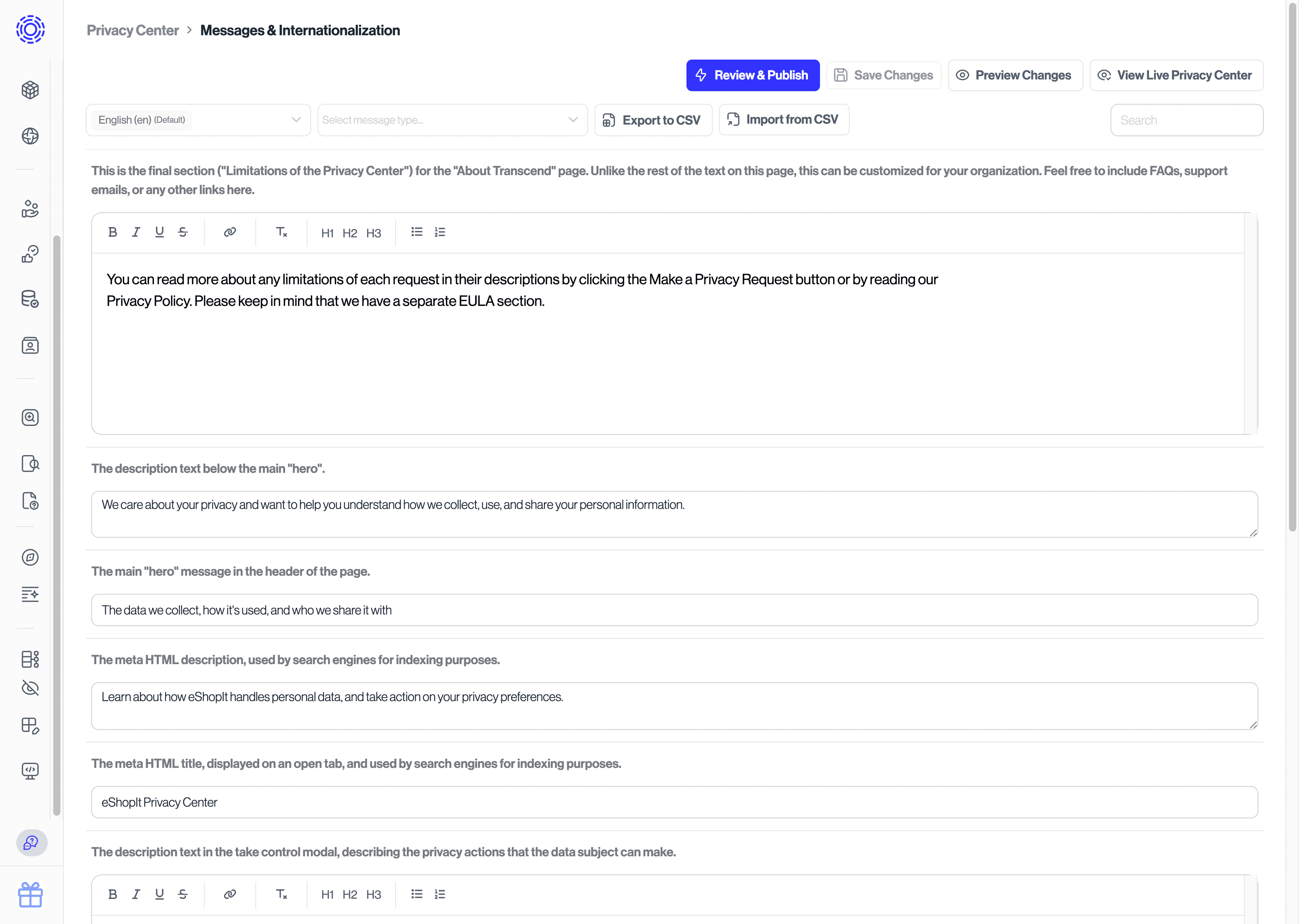 Messages & Internationalization tab of the Privacy Center section in the Admin Dashboard