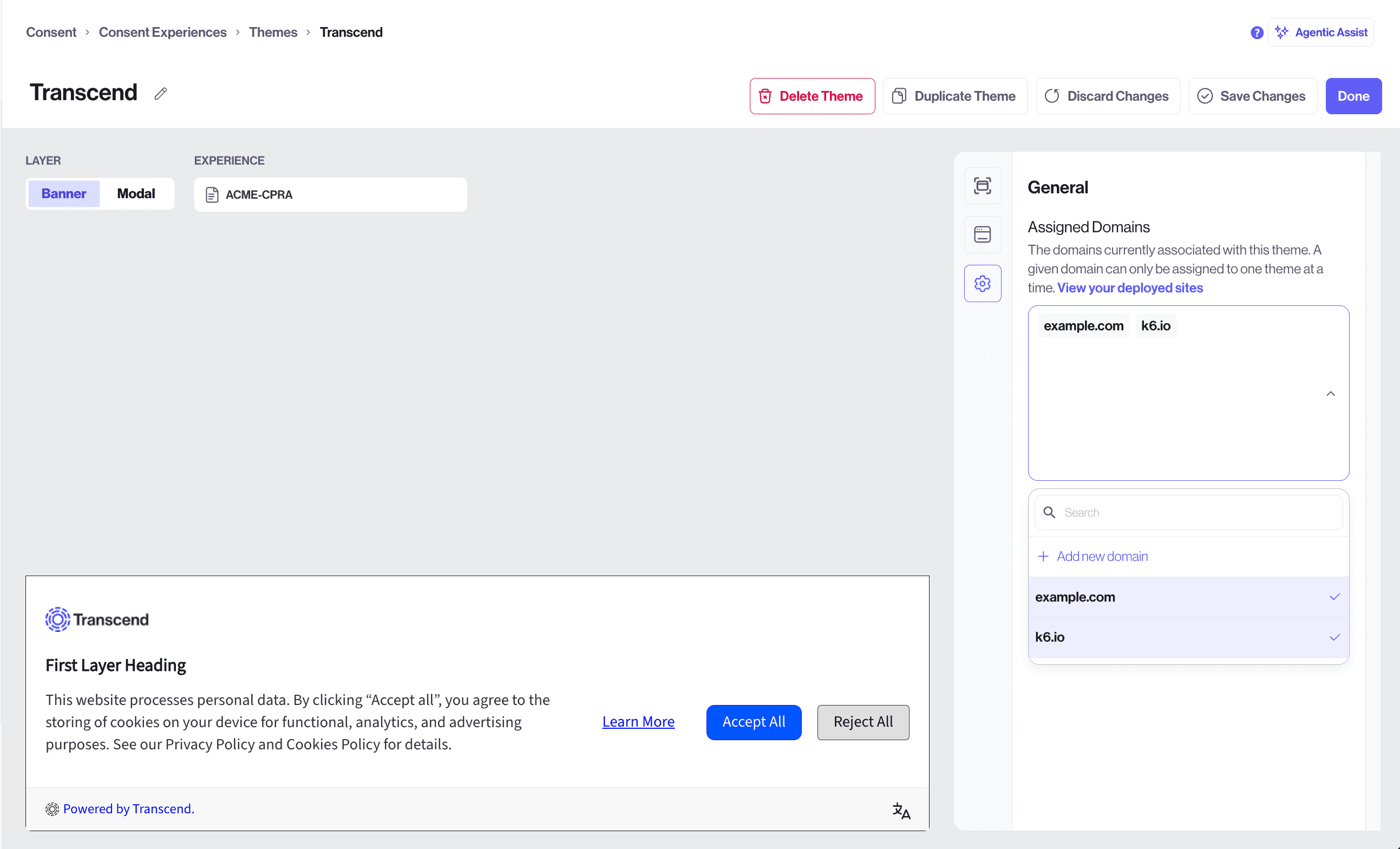 Assigned Domains section in Theme Editor's General Settings