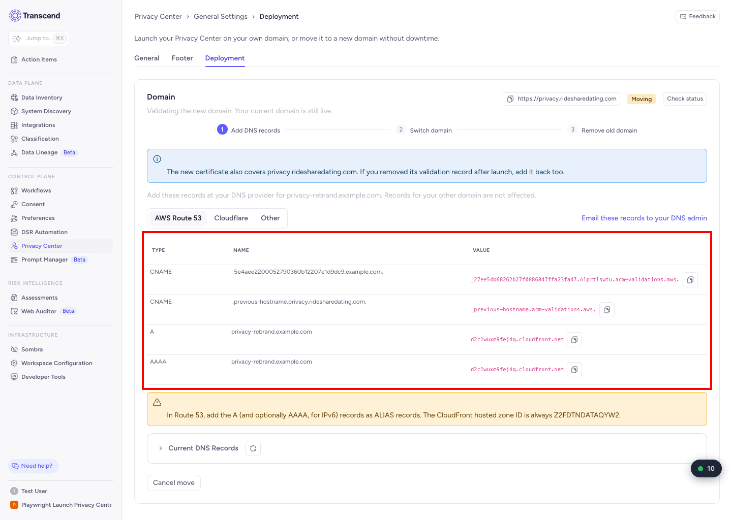 Deployment tab asking to add back the old domain validation record