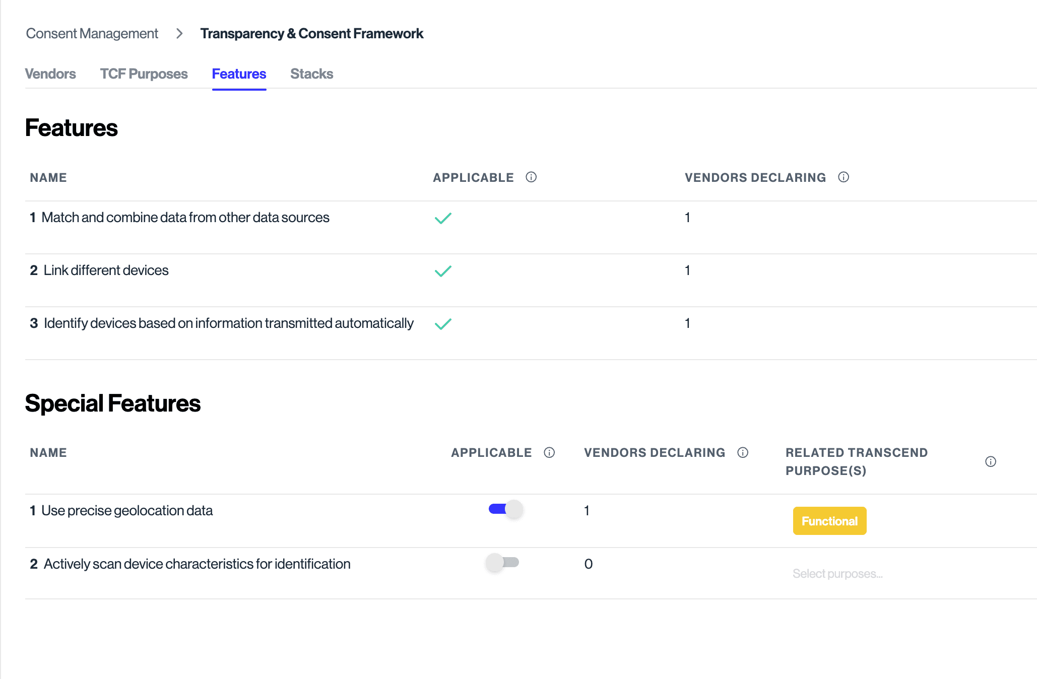 TCF Special Features settings interface