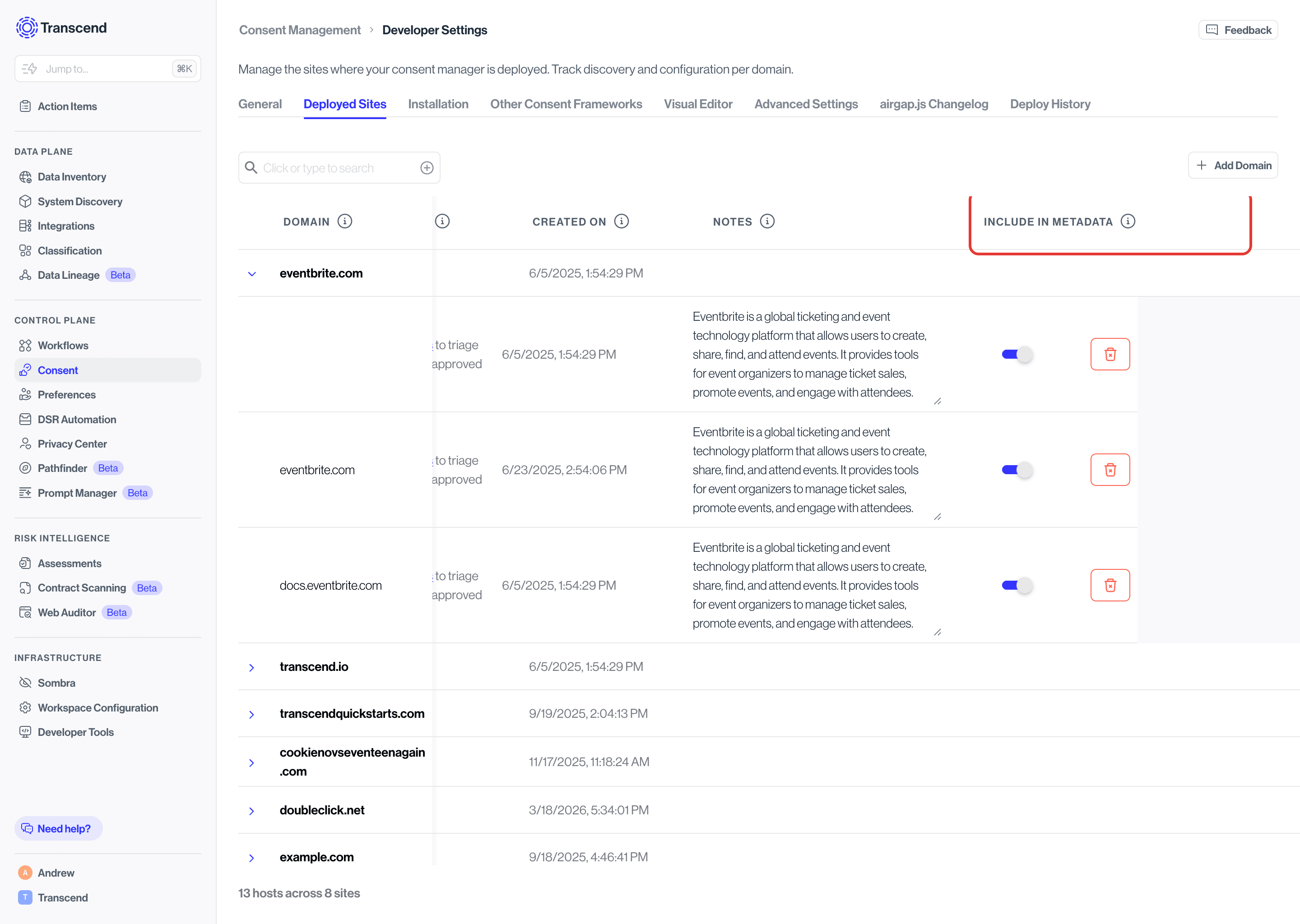 Disable certain deployed sites from showing on the Privacy Center
