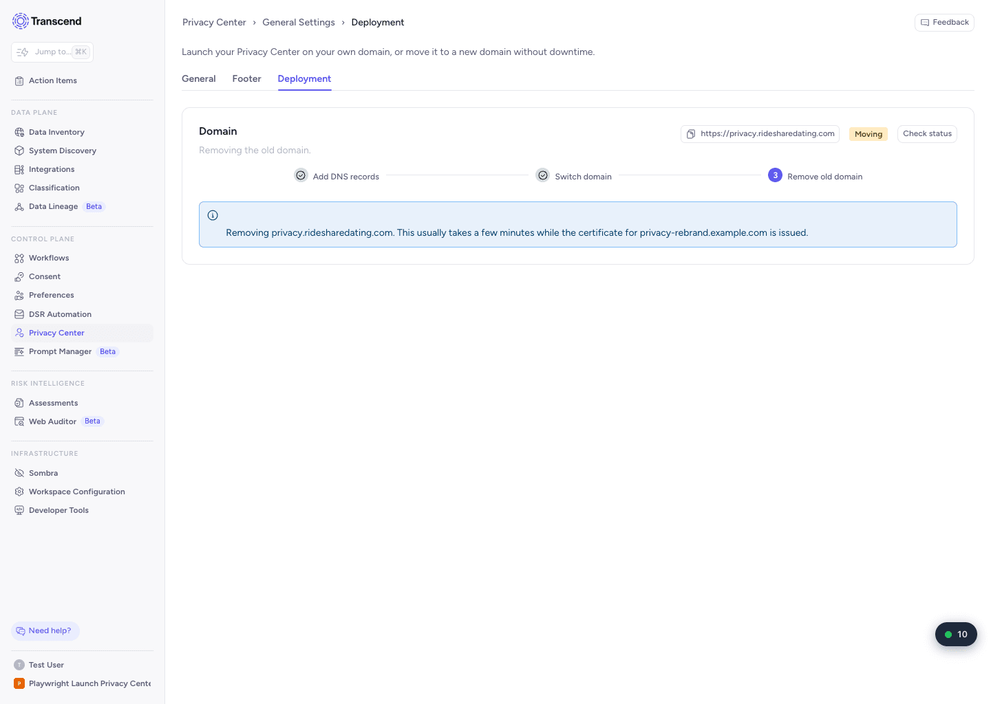 Deployment tab showing the old domain being removed