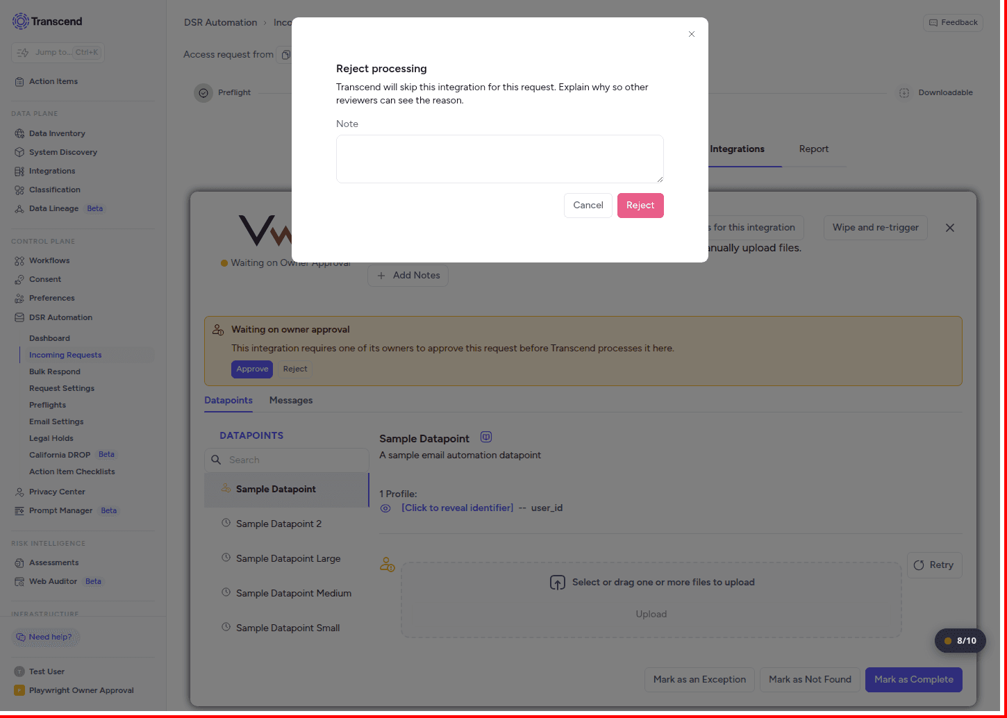Reject dialog asking for a required note before rejecting the request