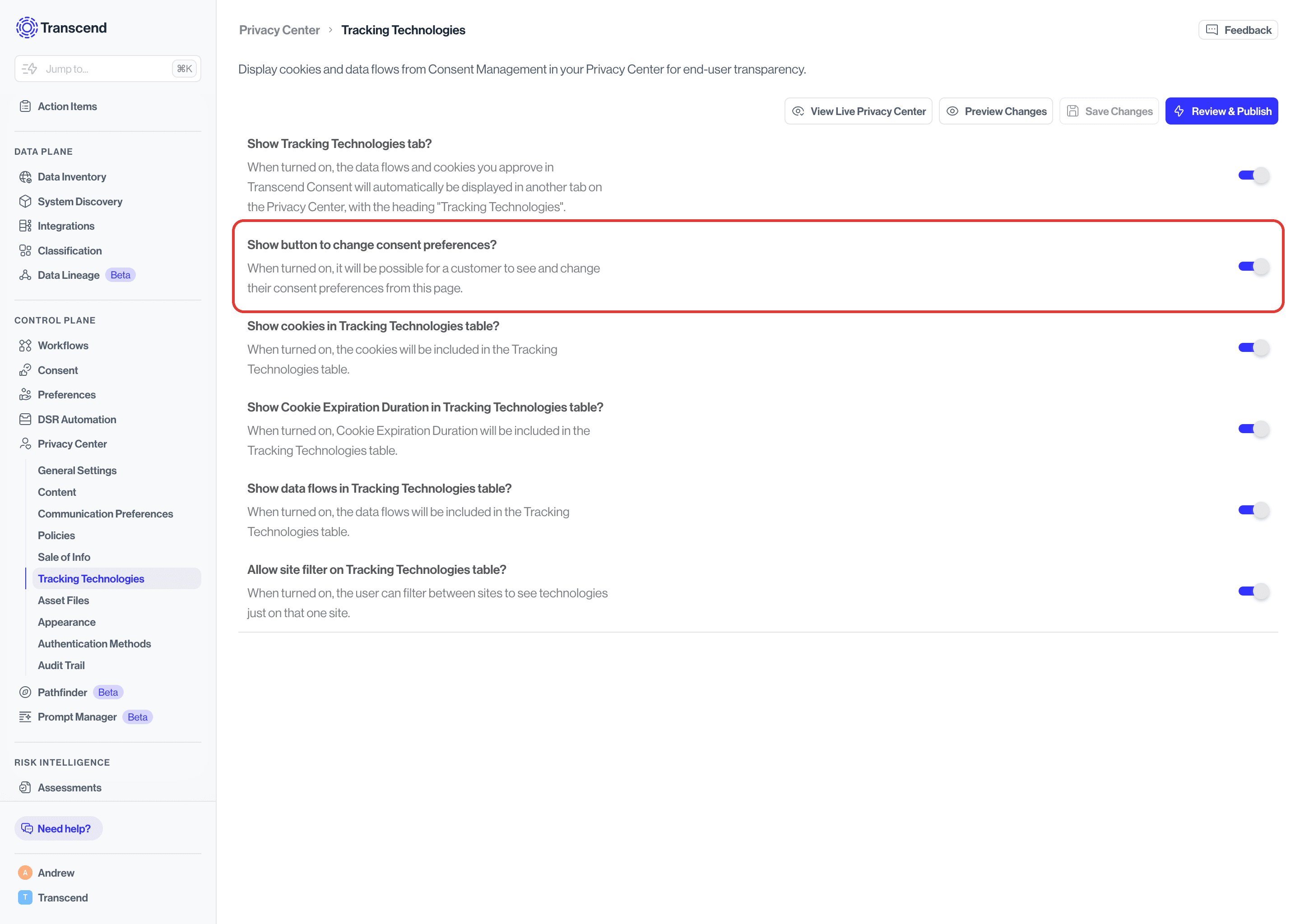 Your Privacy Center Settings