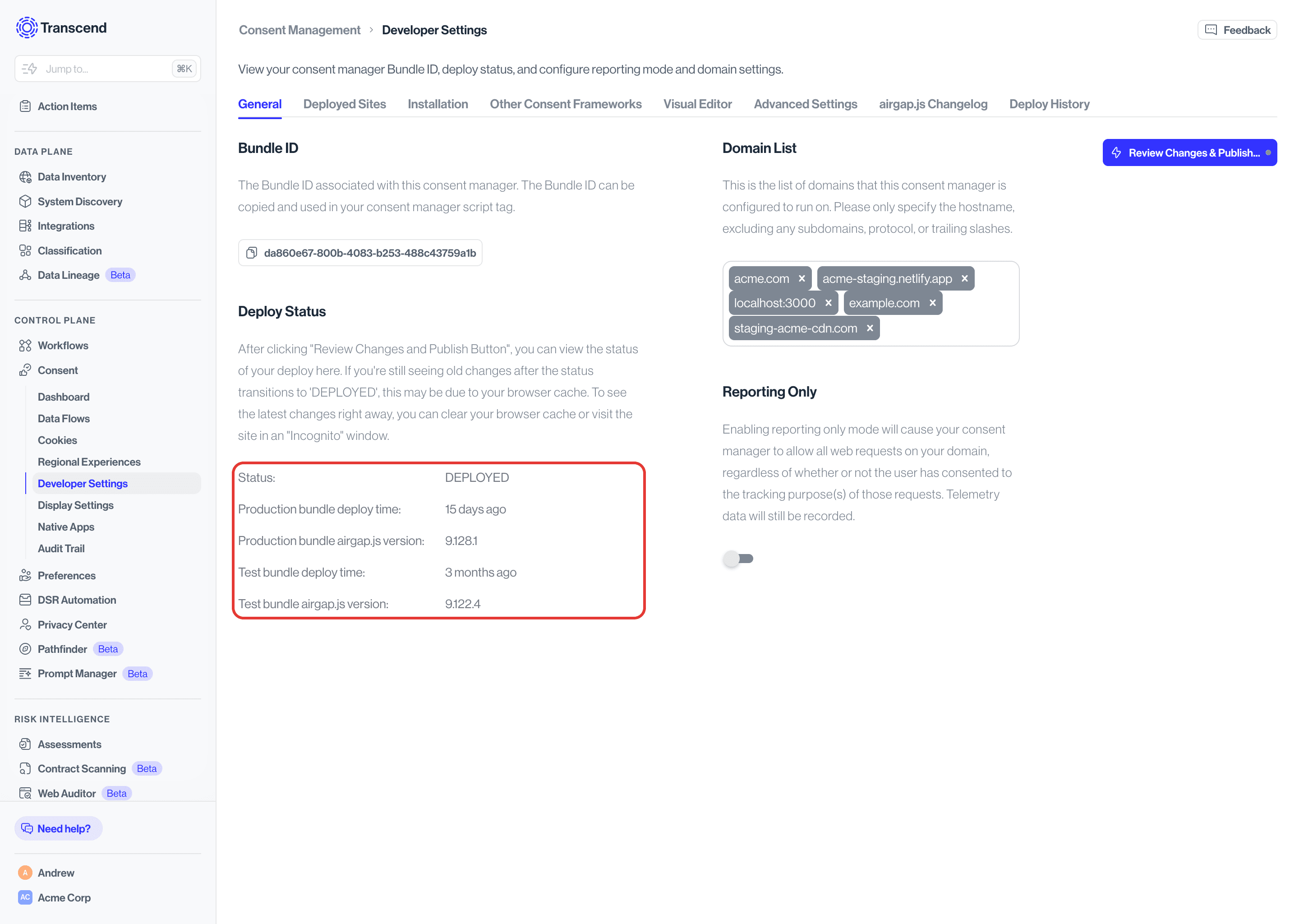 Consent Developer Settings