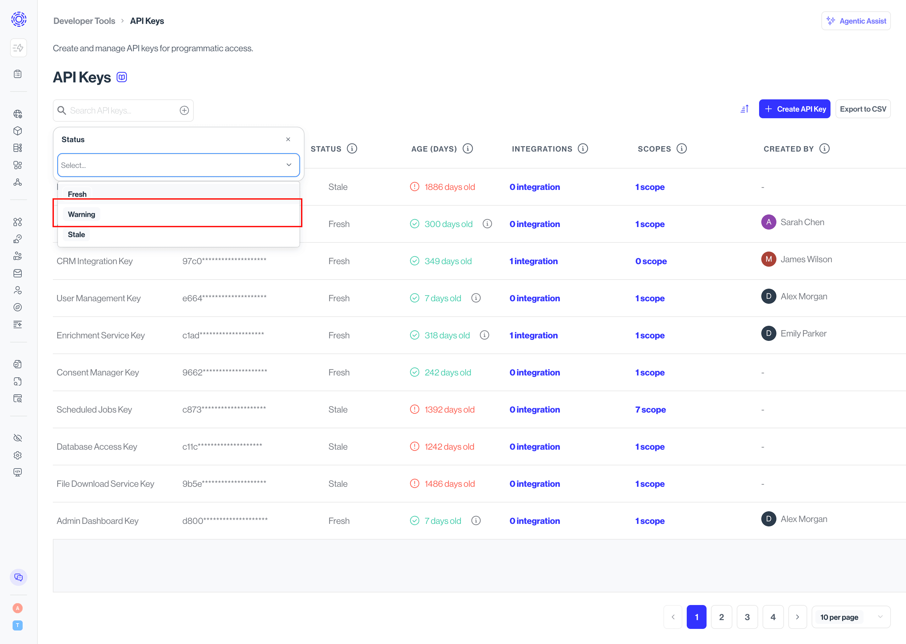Dev Tools > API Keys, filter open with "Warning" filter selected