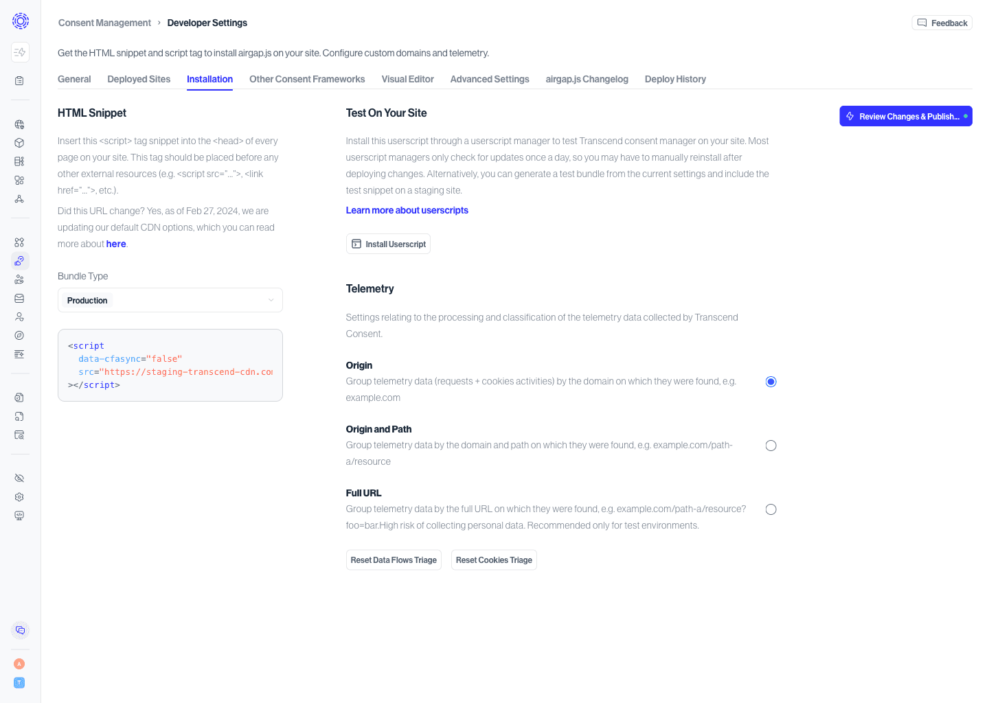 The Consent Developer Settings page, showing different telemetry configurations.
