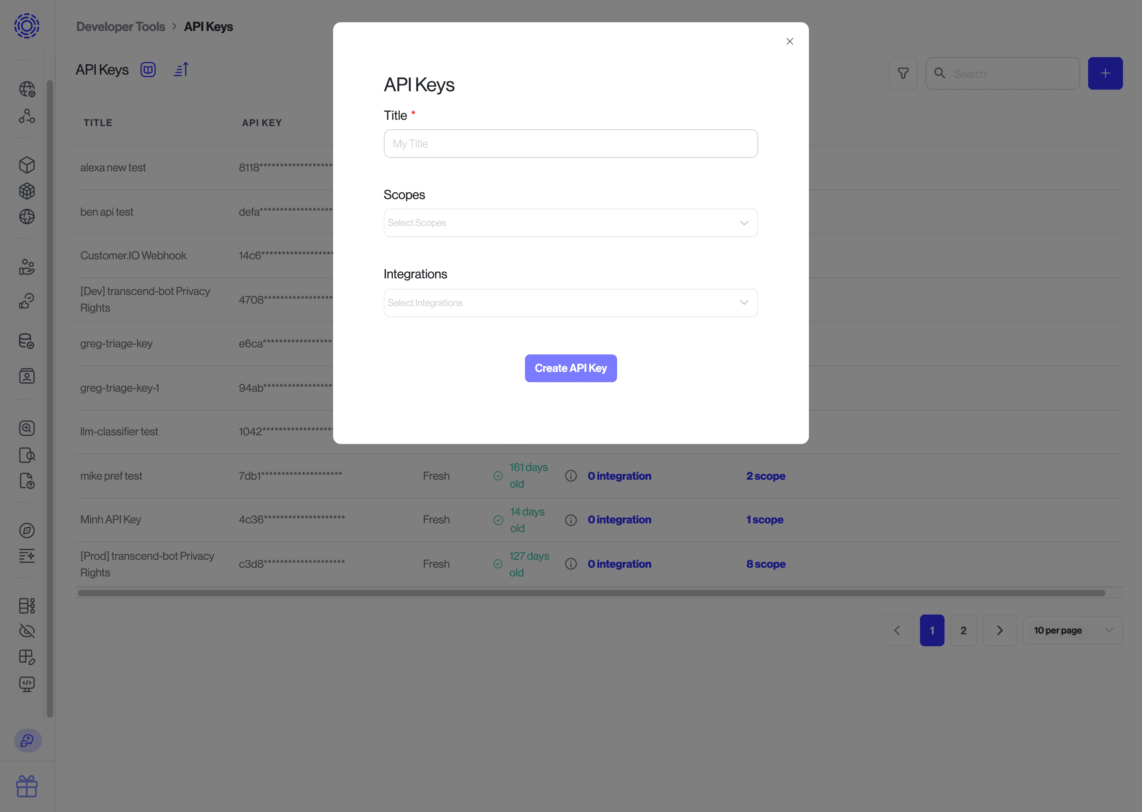 Infrastructure > Developer Tools > API Keys, new API Key view