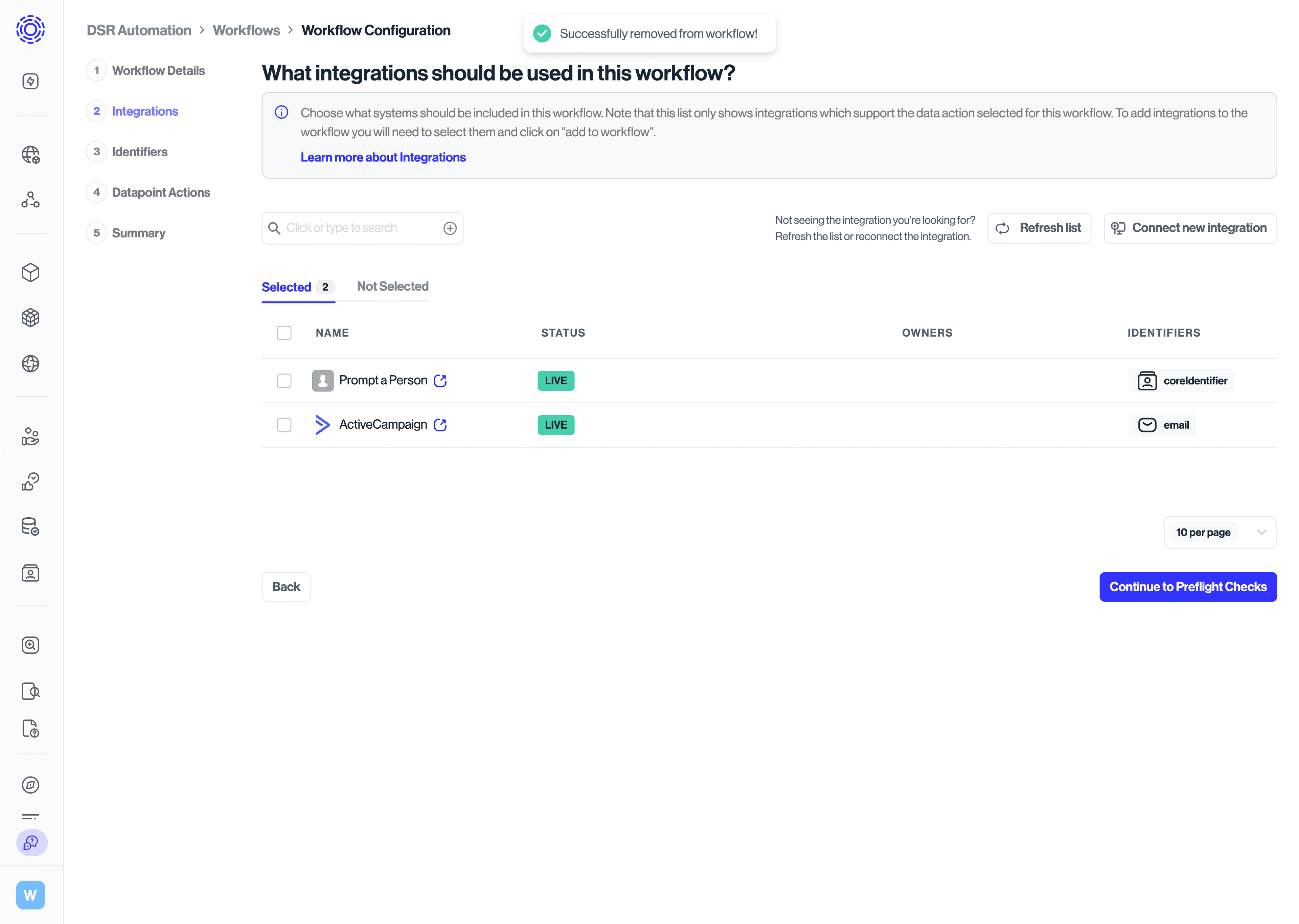 Integrations Removed from workflows