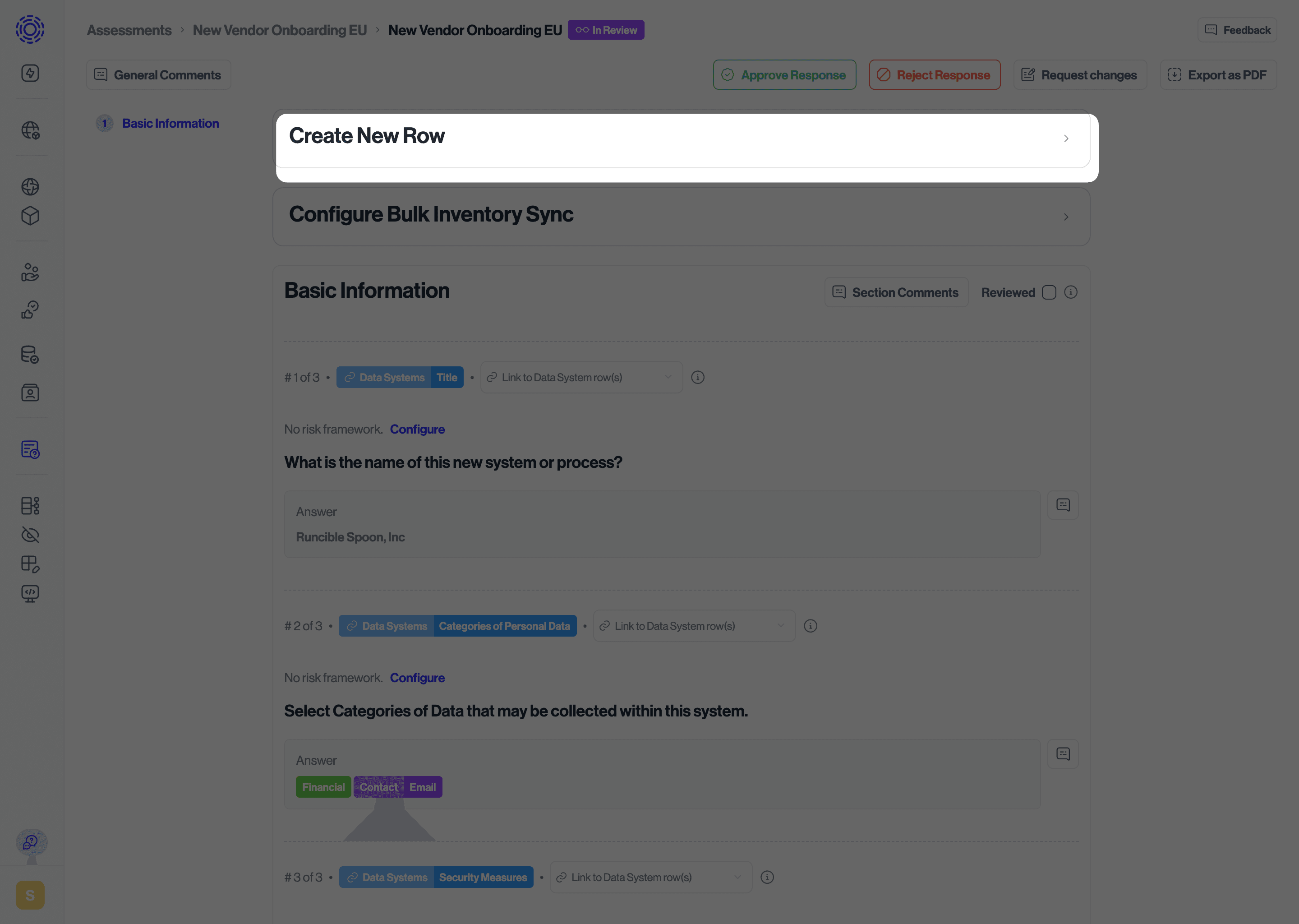 Create new row highlighted at the top of an assessment being reviewed.
