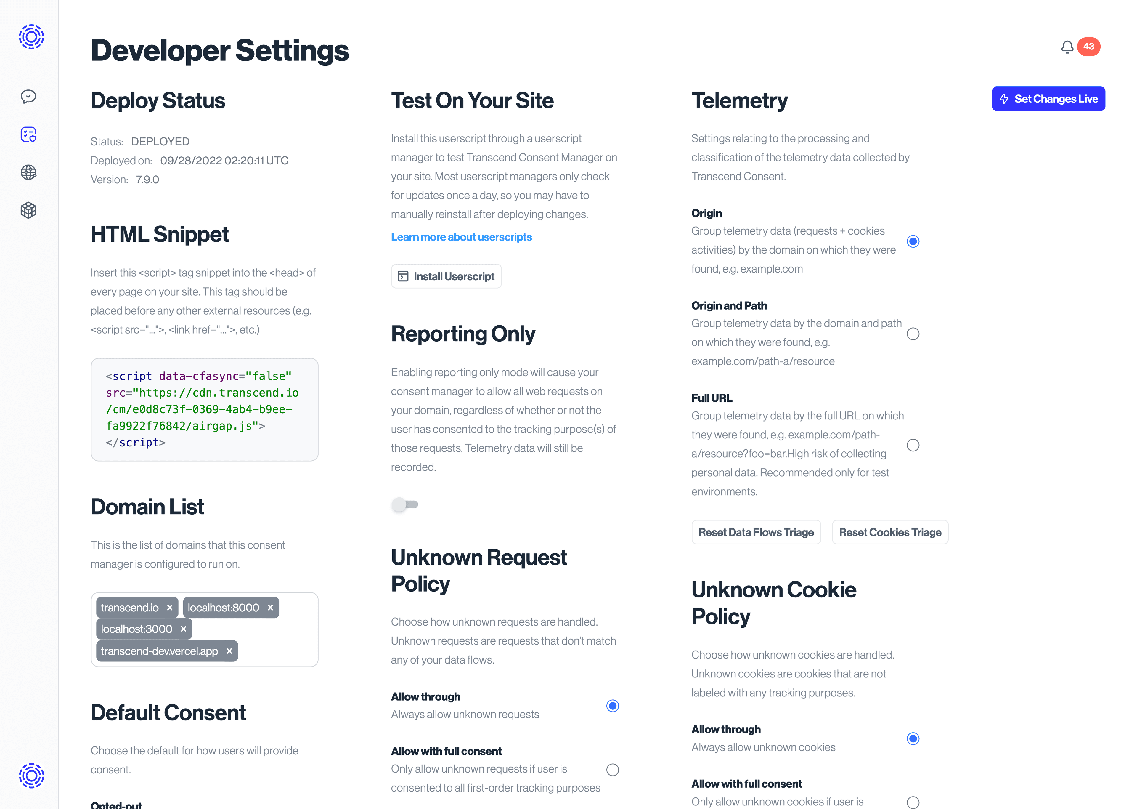 The Consent Developer Settings page, showing different telemetry configurations.