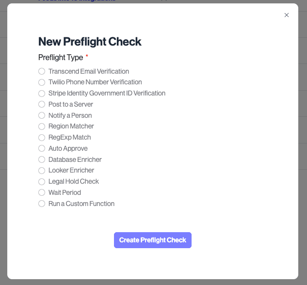 Select "Run a Custom Function" when creating a new preflight check