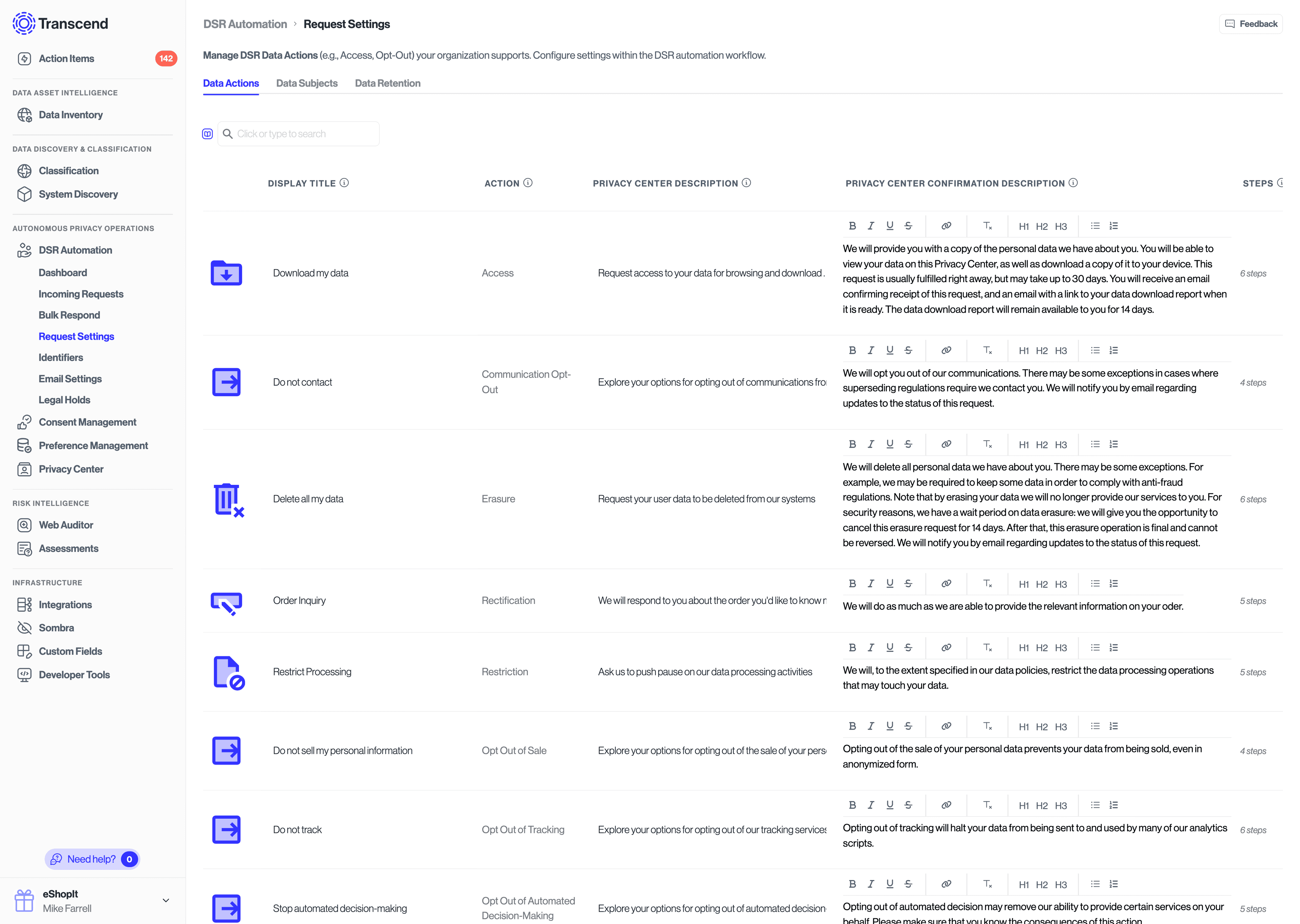 Data actions form settings on admin dashboard