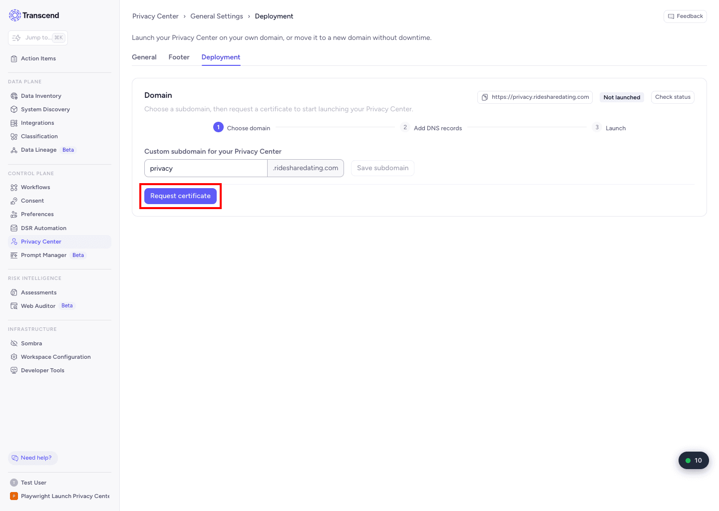 Deployment tab with the subdomain field and Request certificate button