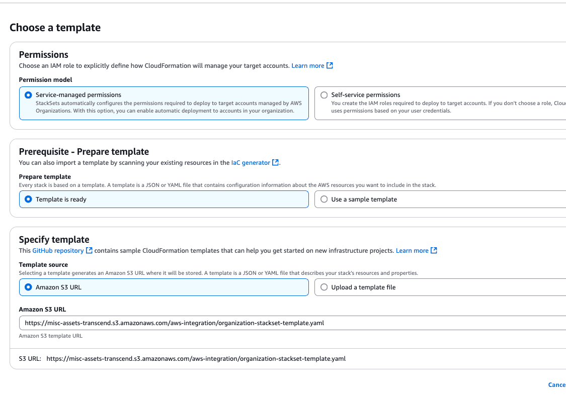 Creation of StackSet using Transcend's template