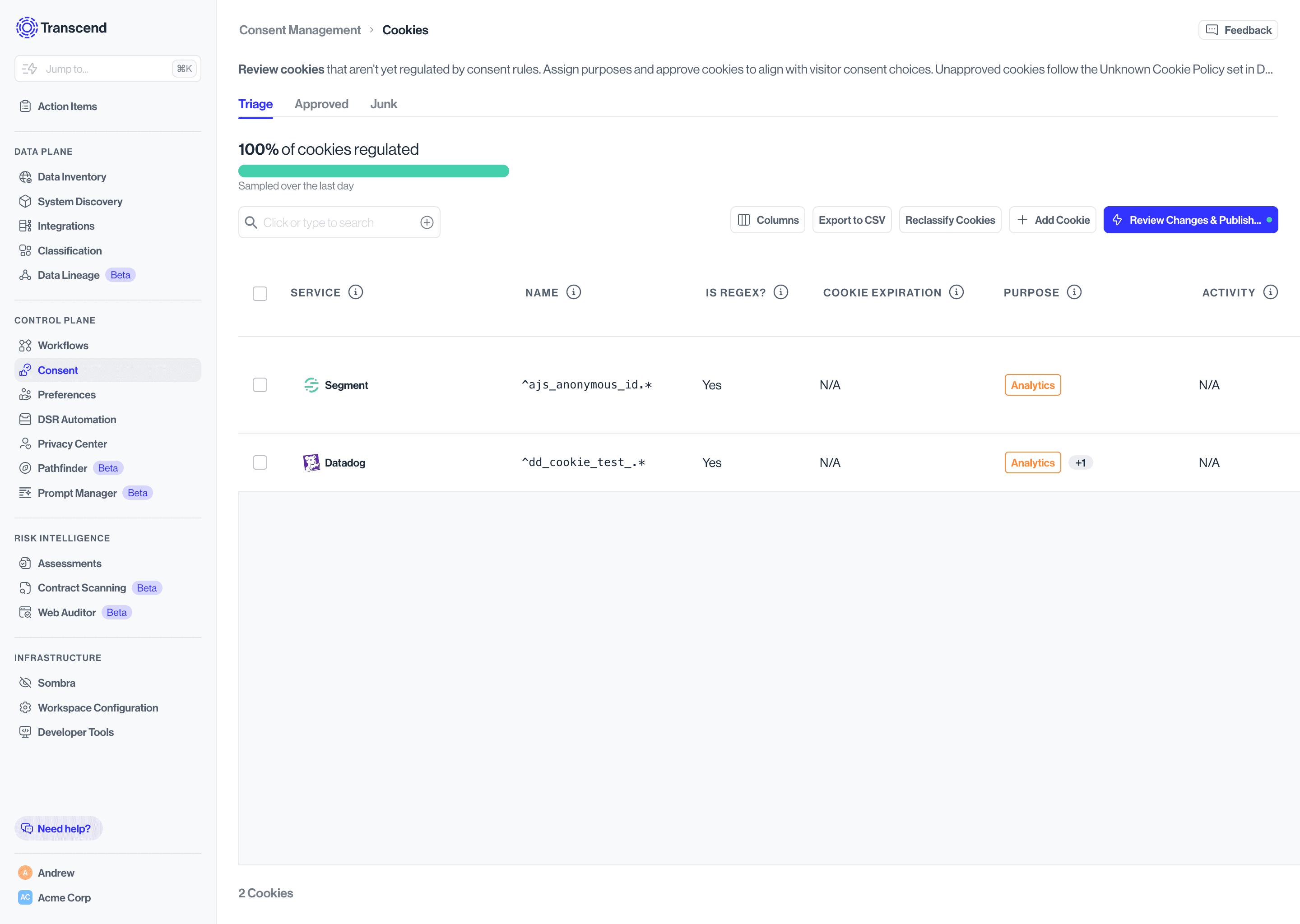 The cookies view in Transcend Consent