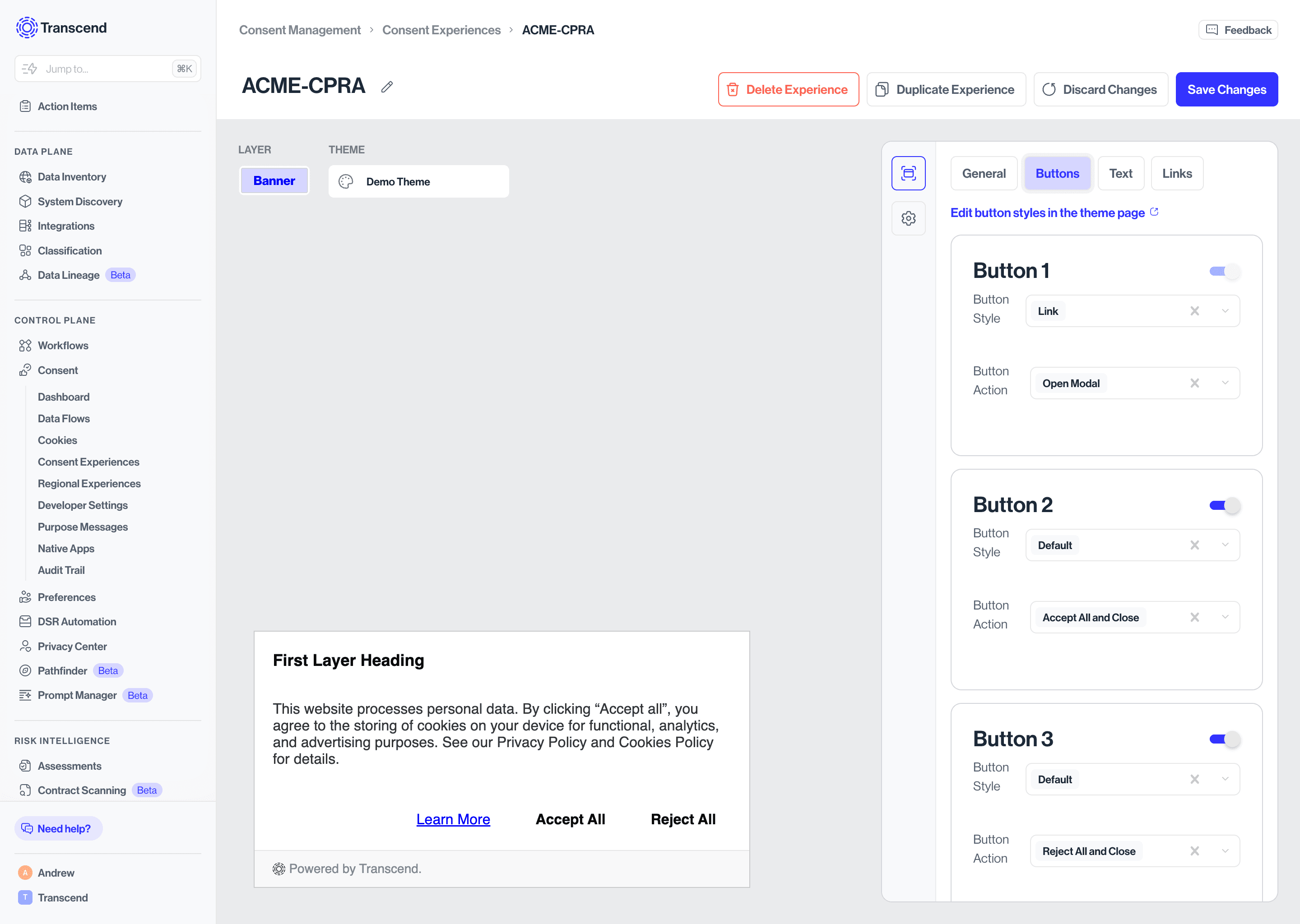 Experience button editor
