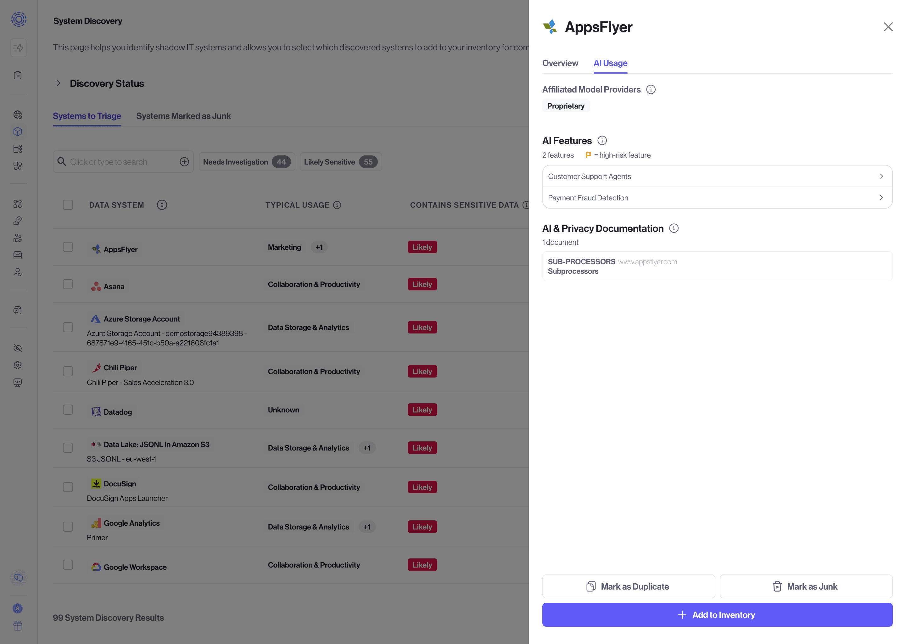 AI Usage tab for AppsFlyer in System Discovery