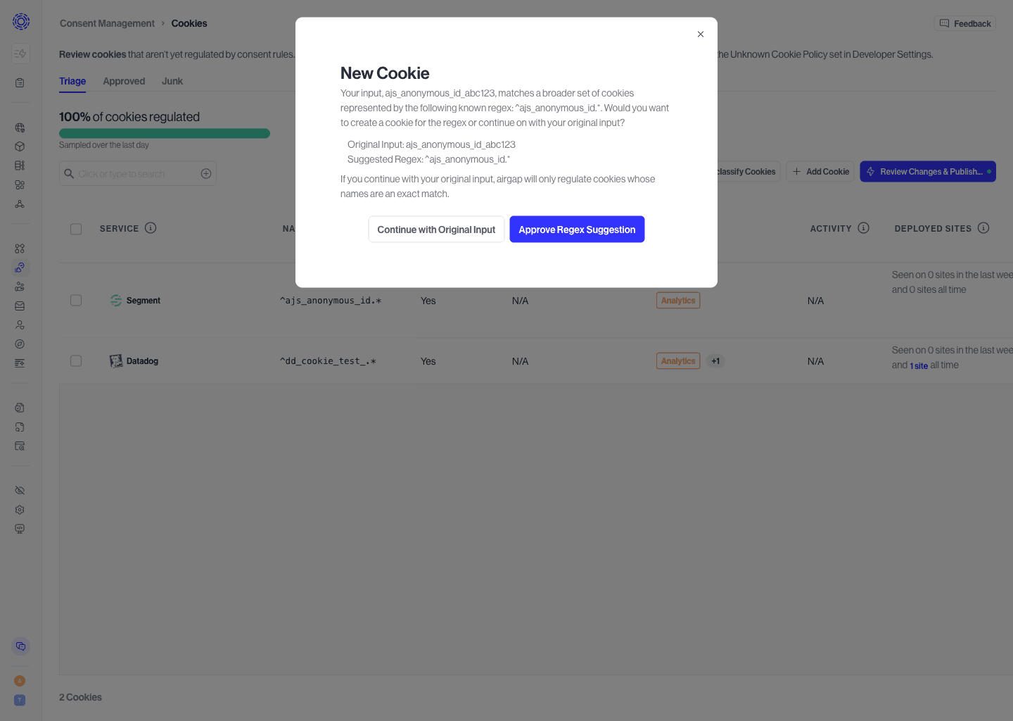 Confirming a cookie regex suggestion