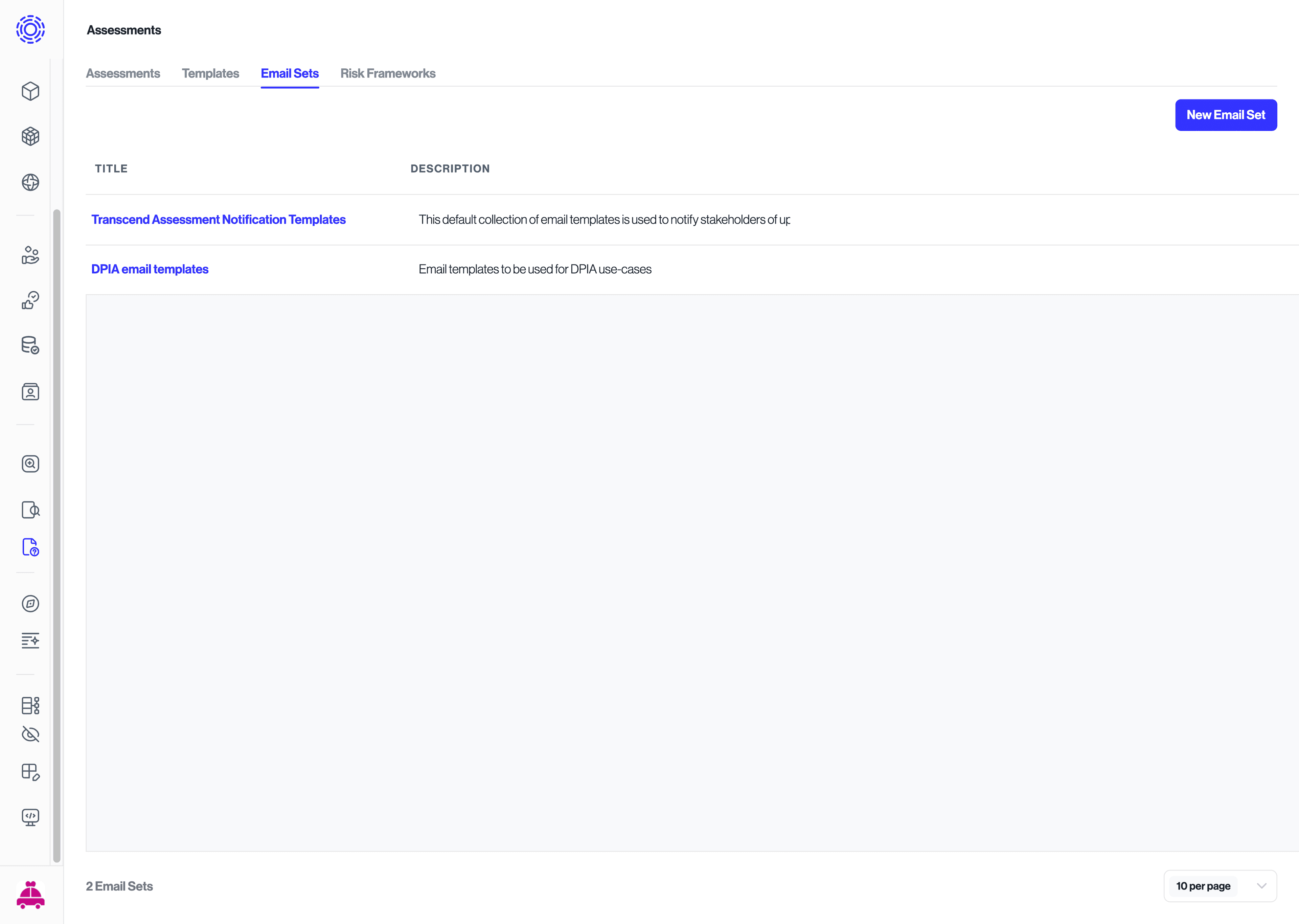 Front page of the Email Sets tab within Assessments