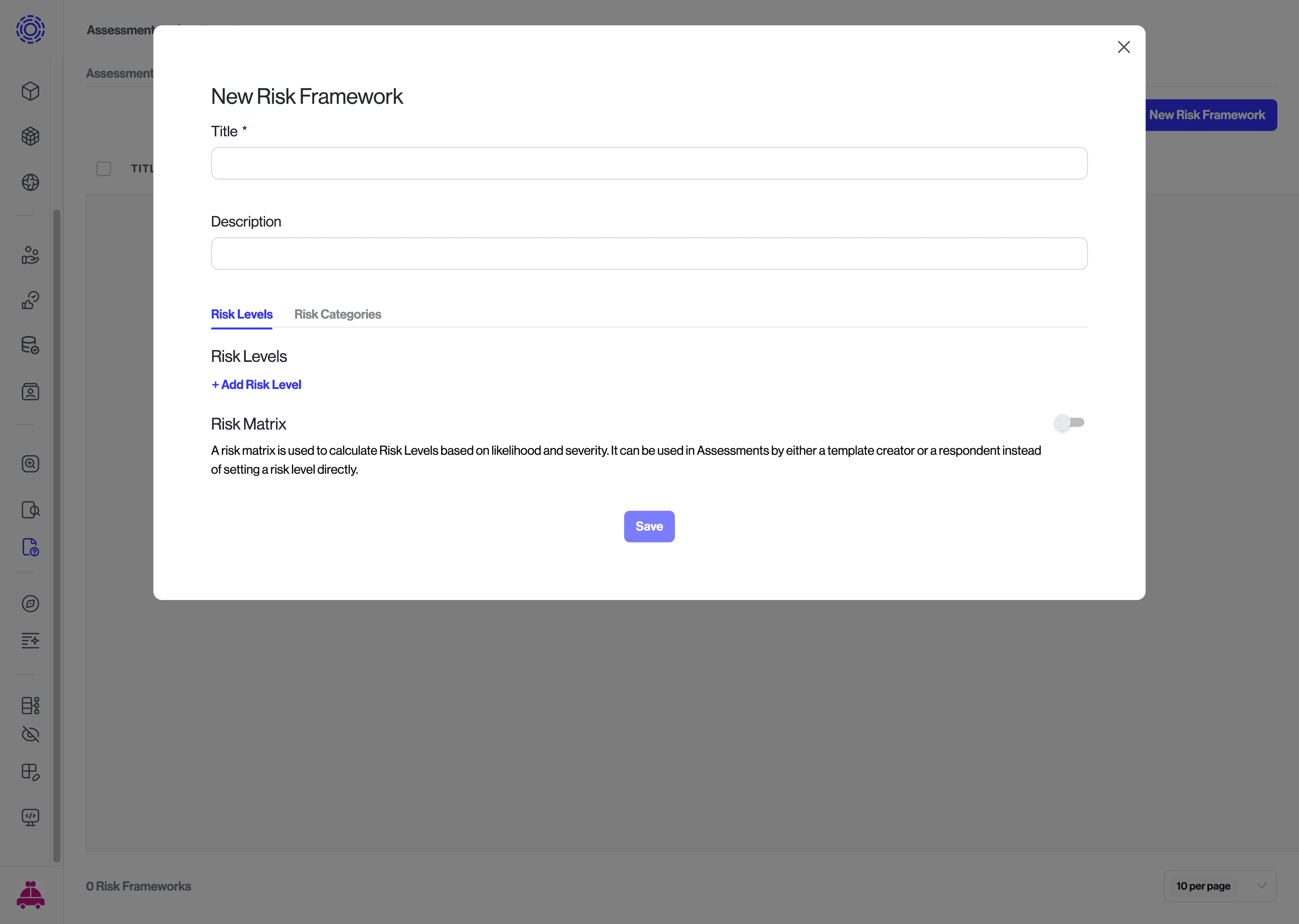 Modal to create a new risk framework