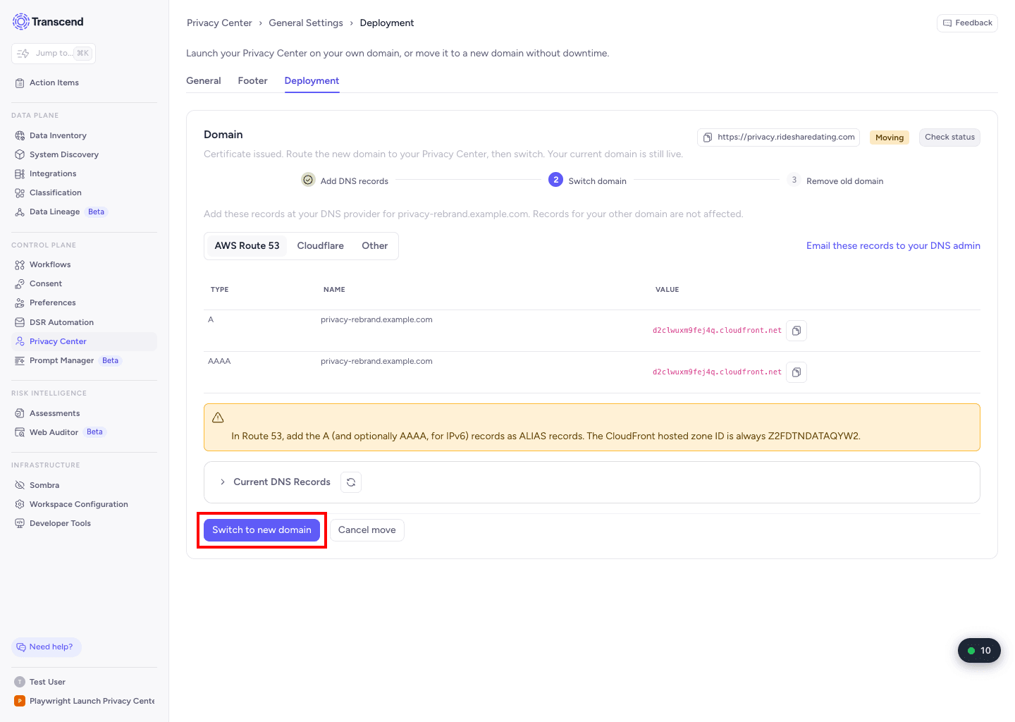 Deployment tab with the Switch to new domain button available