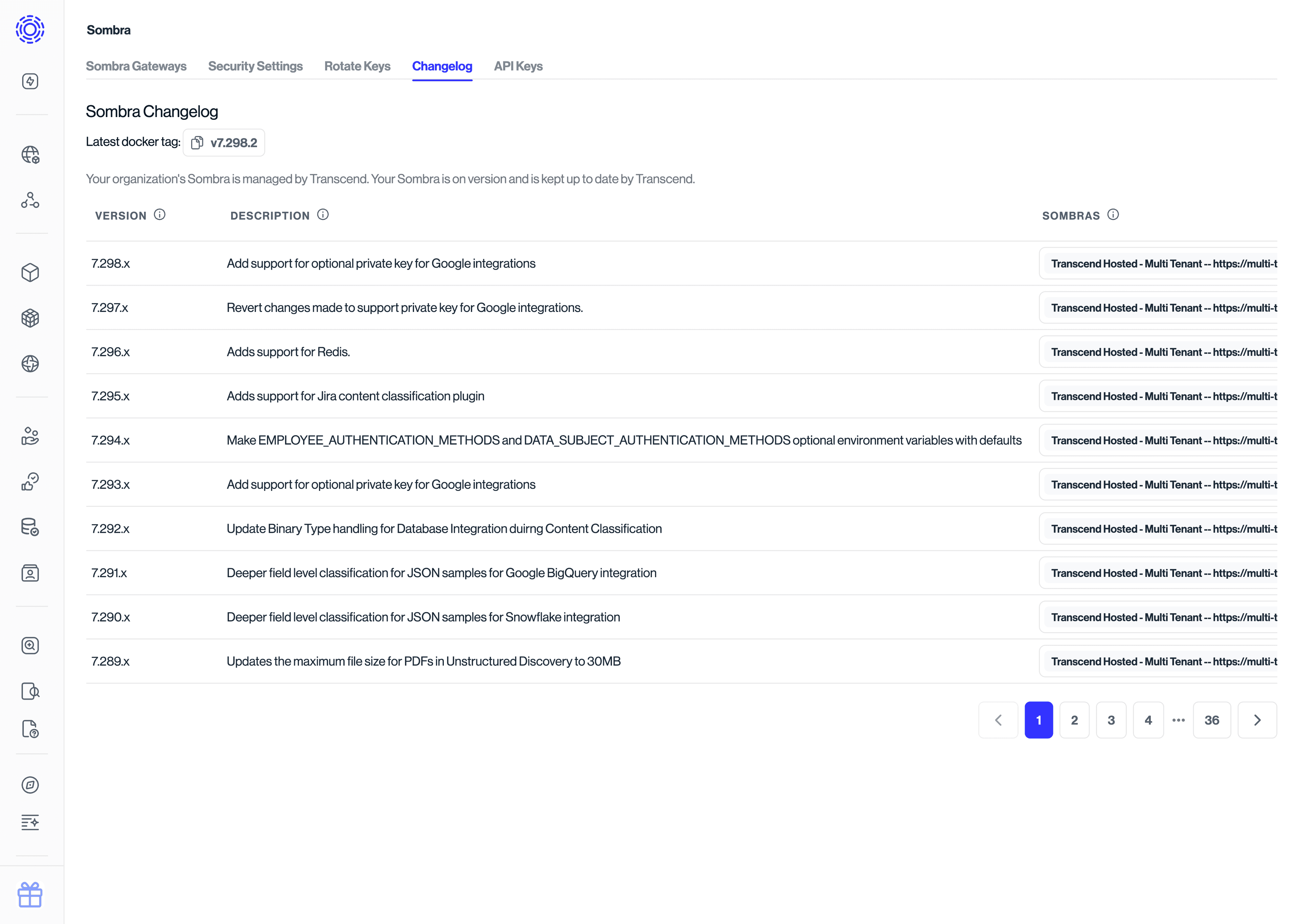 The Sombra changelog page