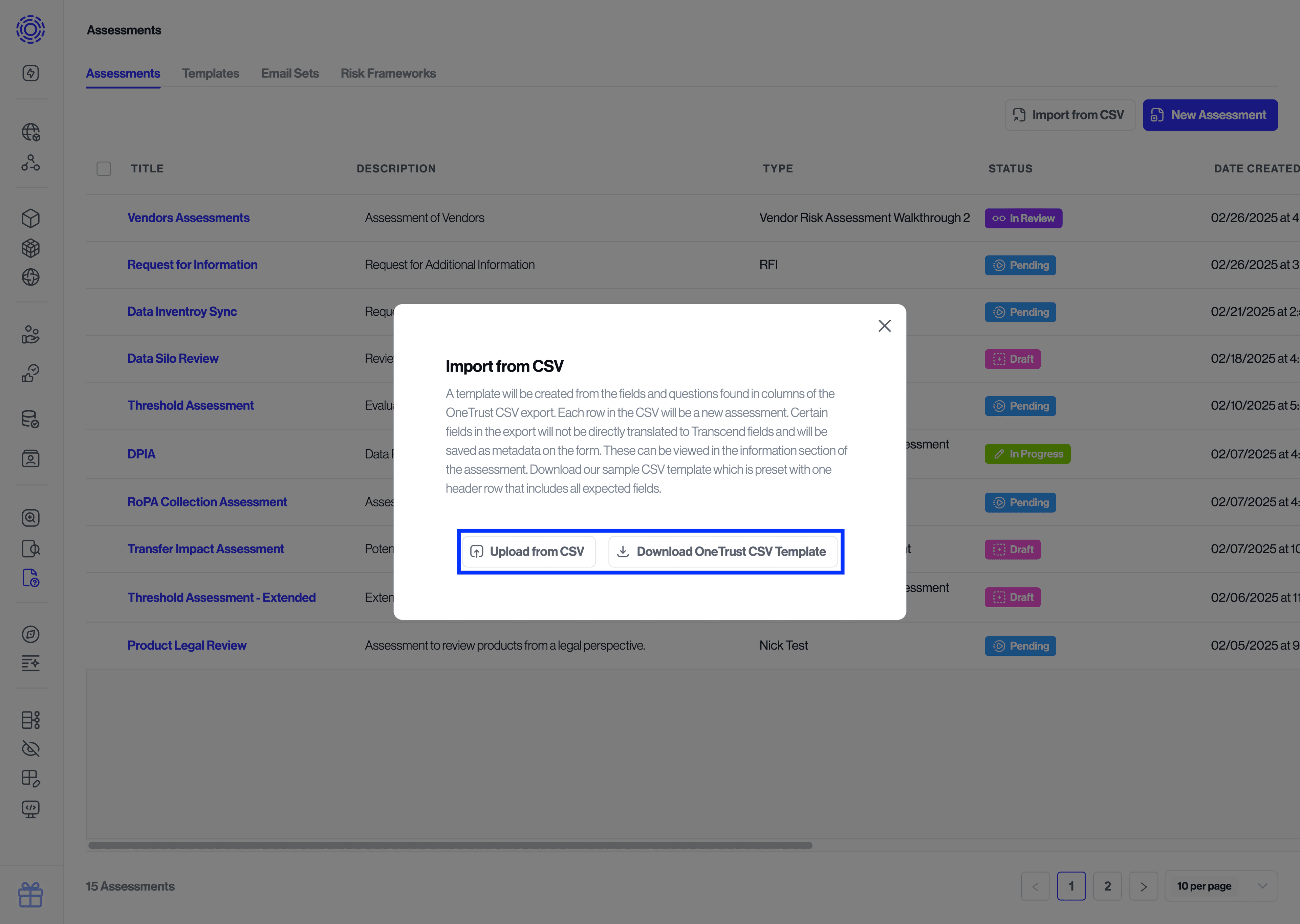Assessments Import from CSV Modal Open