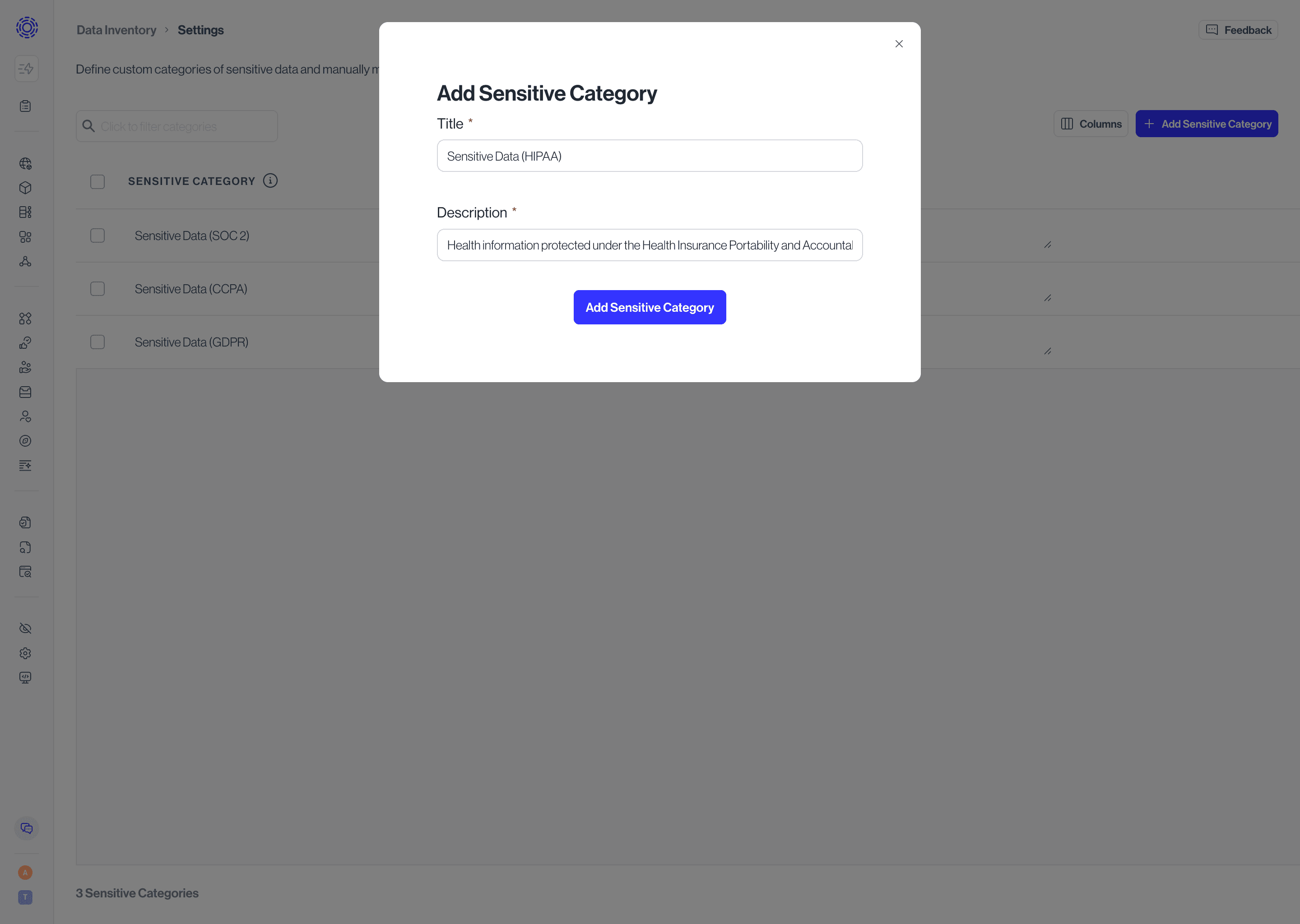Creating Sensitive Category in Workspace Configuration > Sensitive Categories