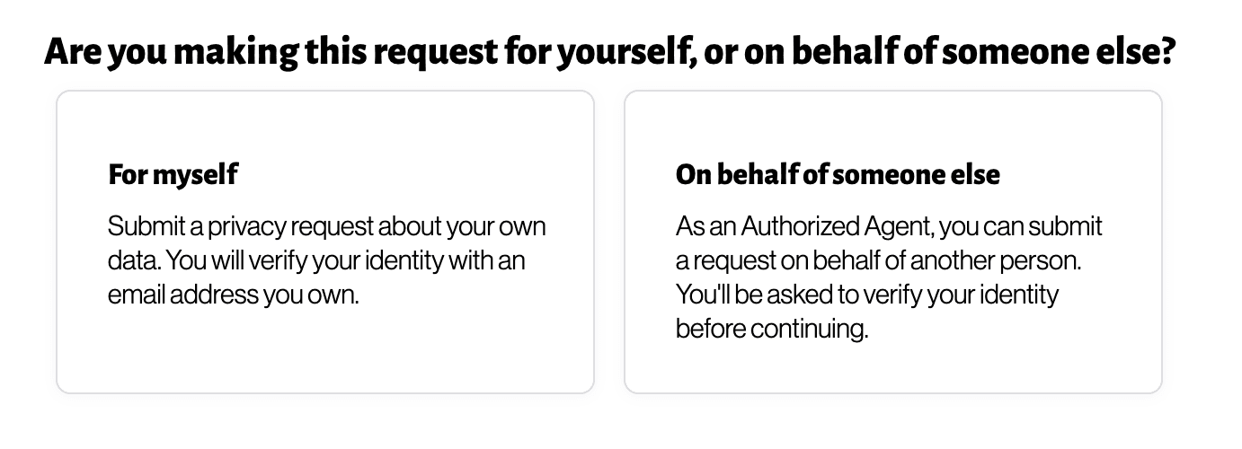 Screenshot of the Privacy Center step which determines whether the request is made on behalf of someone else.