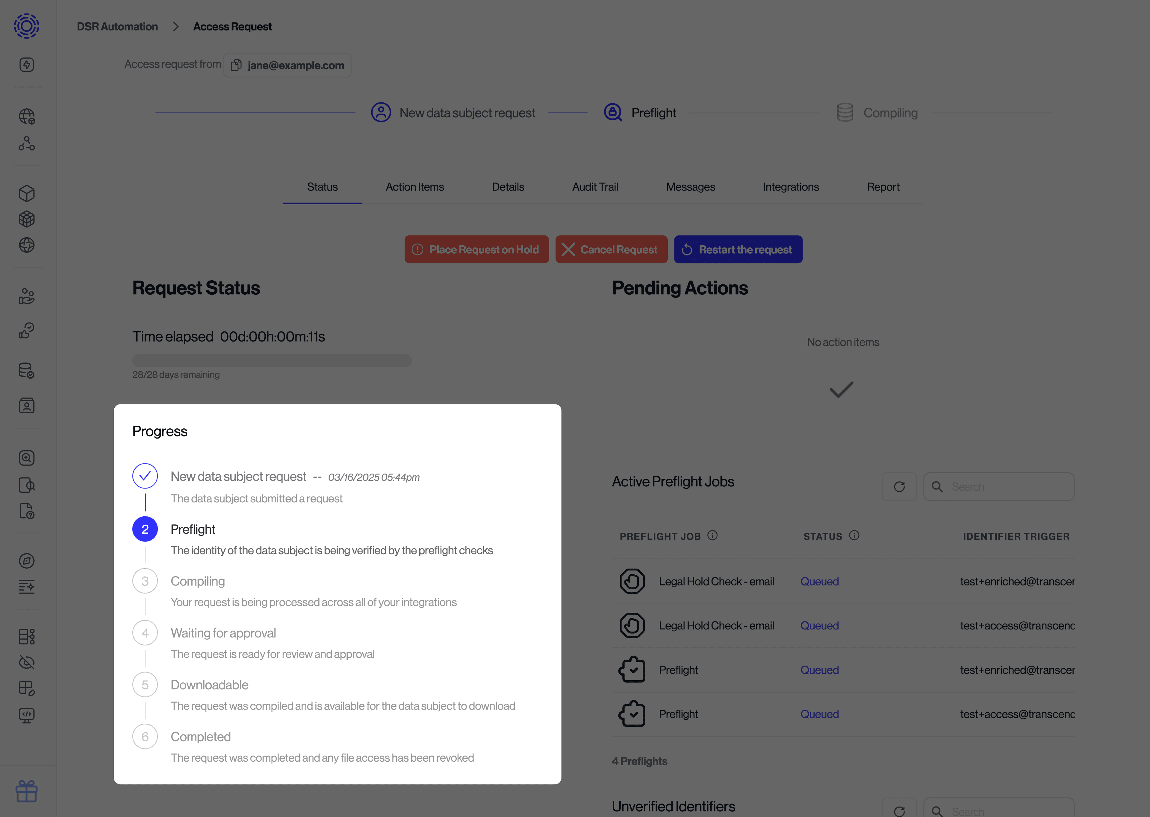 Status tab of a specific data subject request