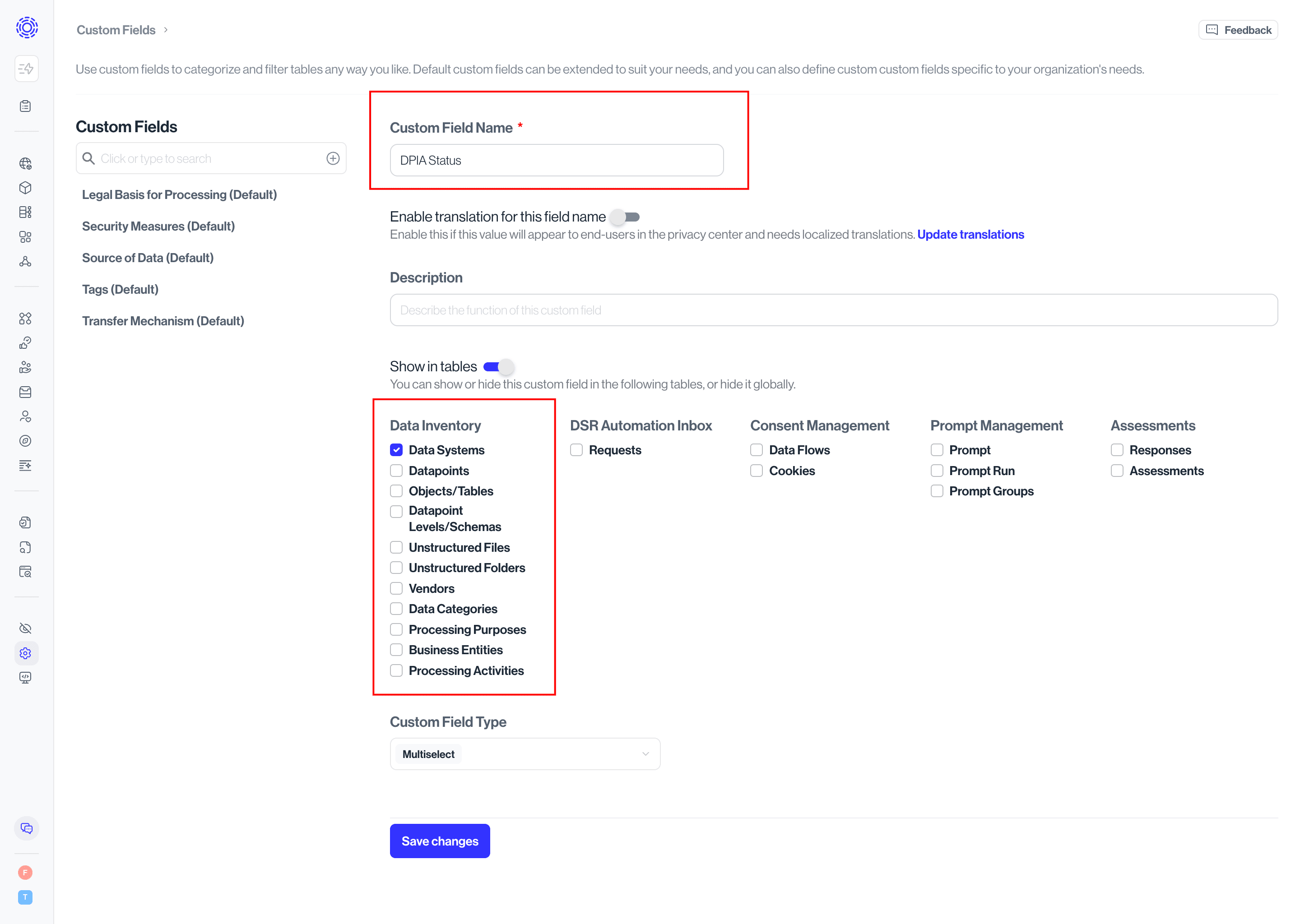 A DPIA status custom field