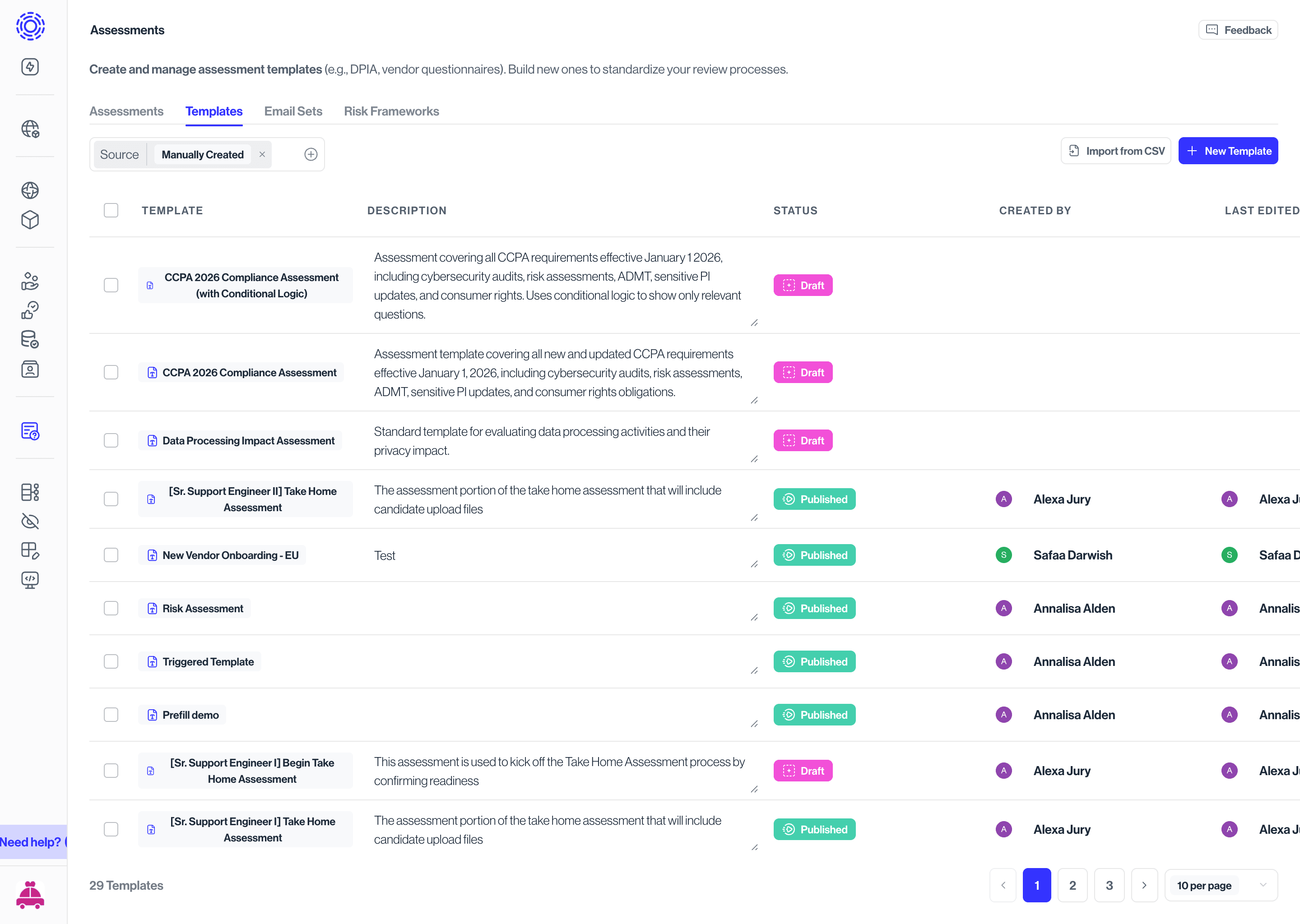 OneTrust Import Assessment button highlighted