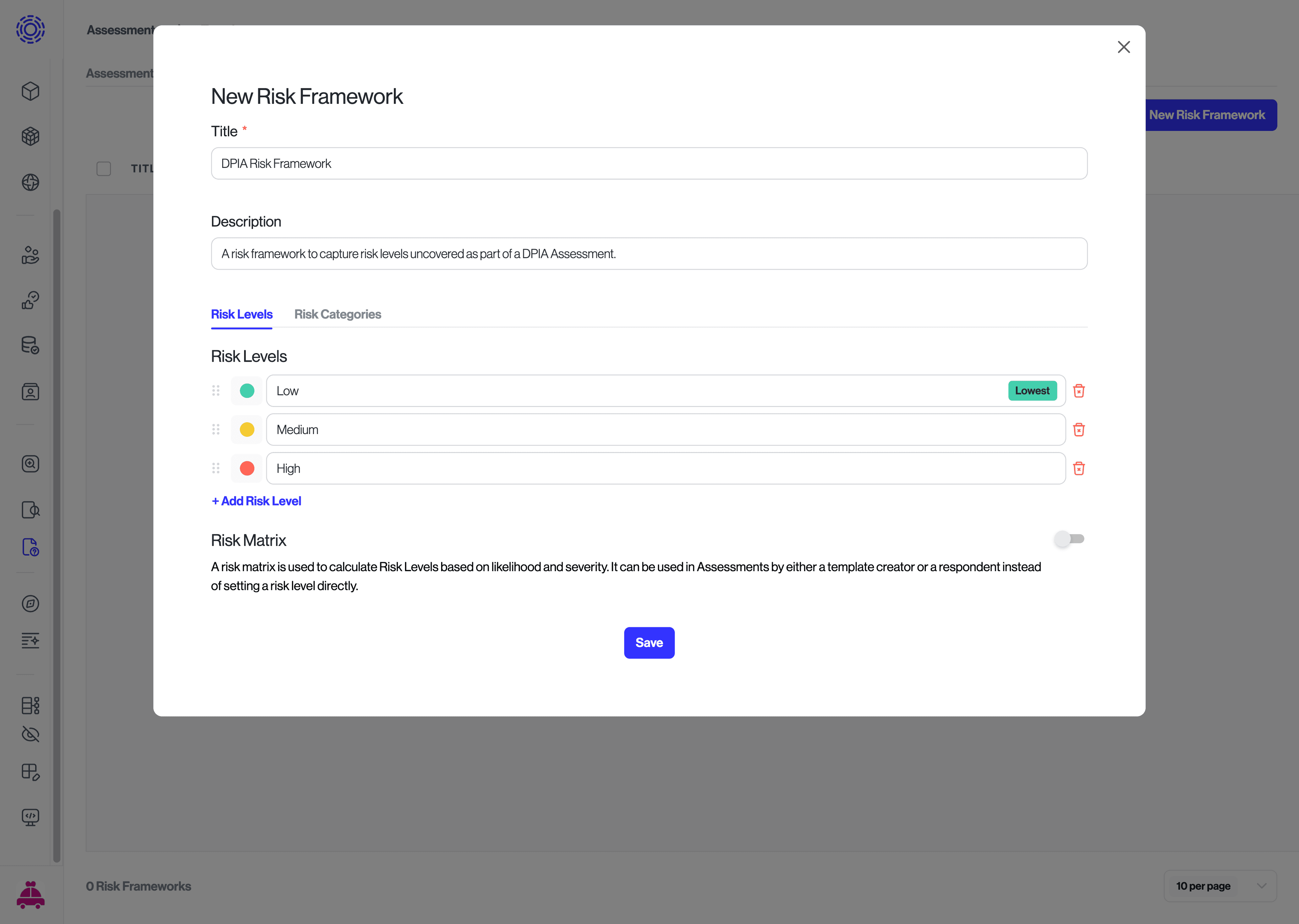 Modal with risk levels assigned