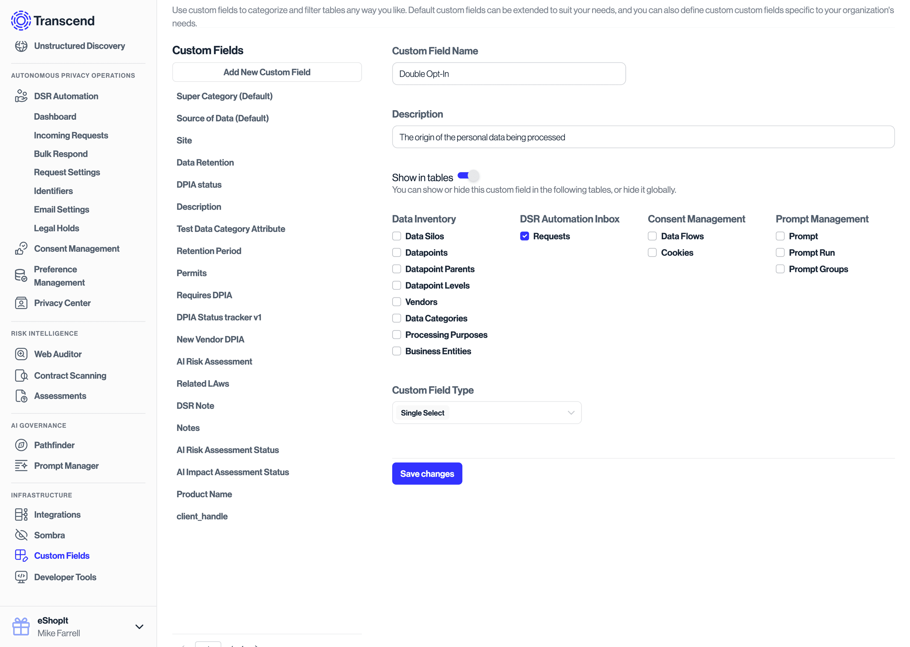 Preference Management create double opt-in custom field