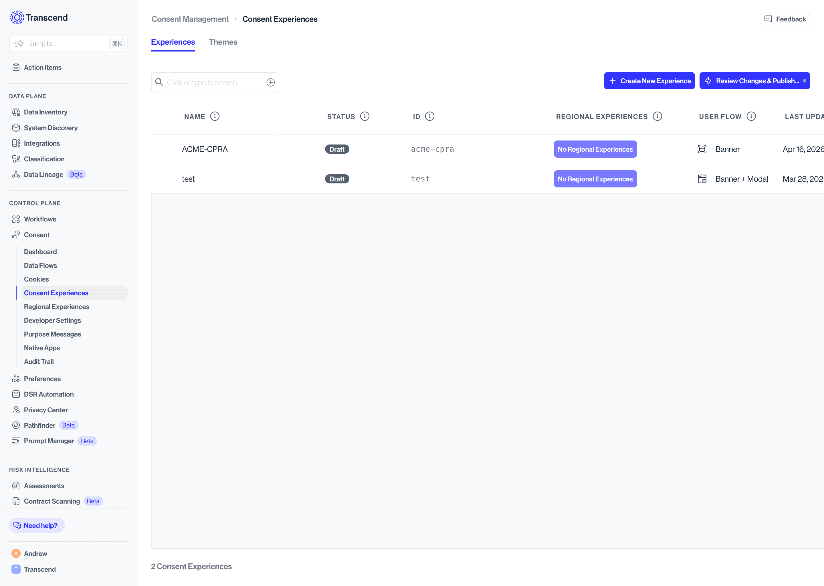 Managing Consent Experiences
