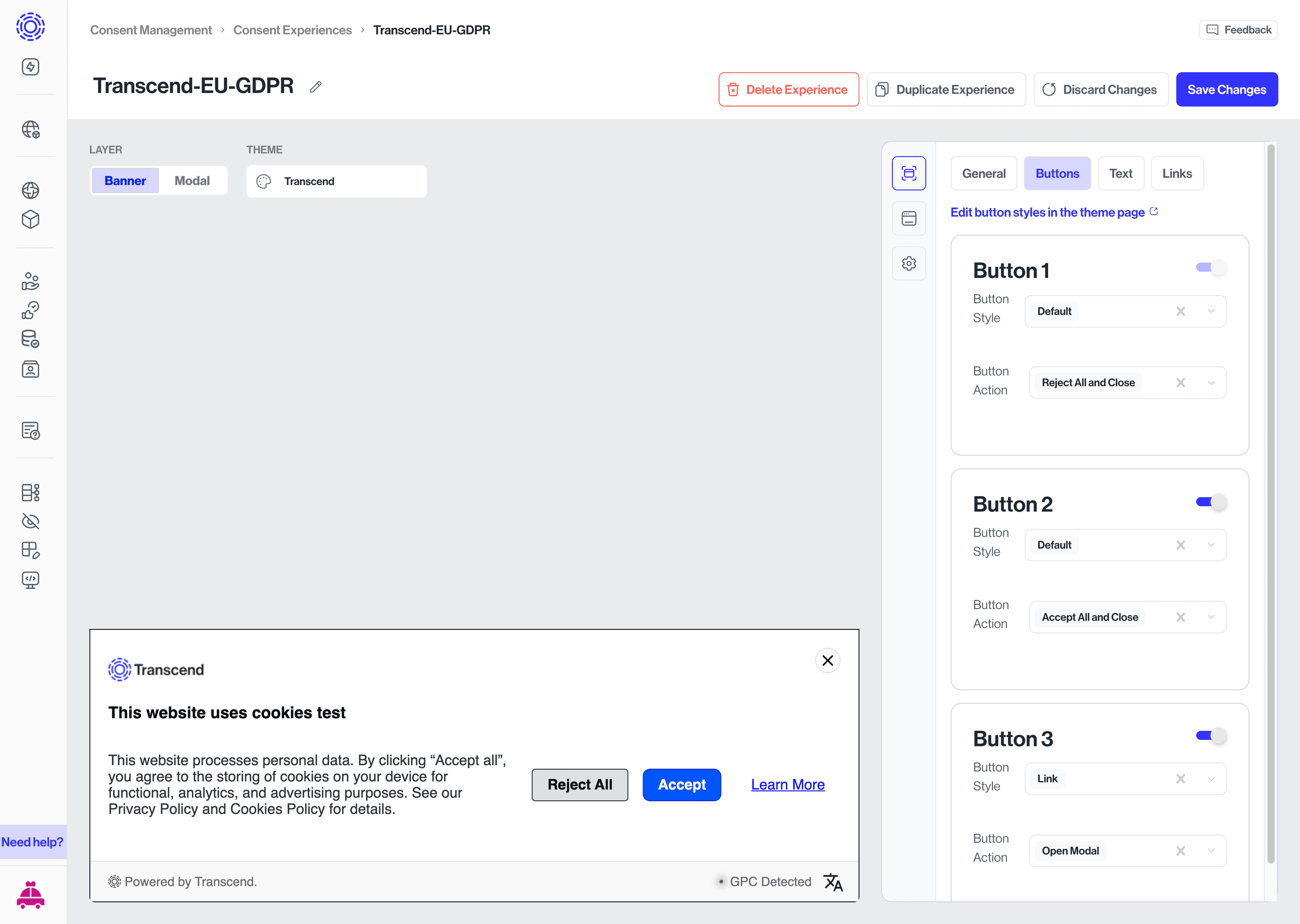 Experience button editor