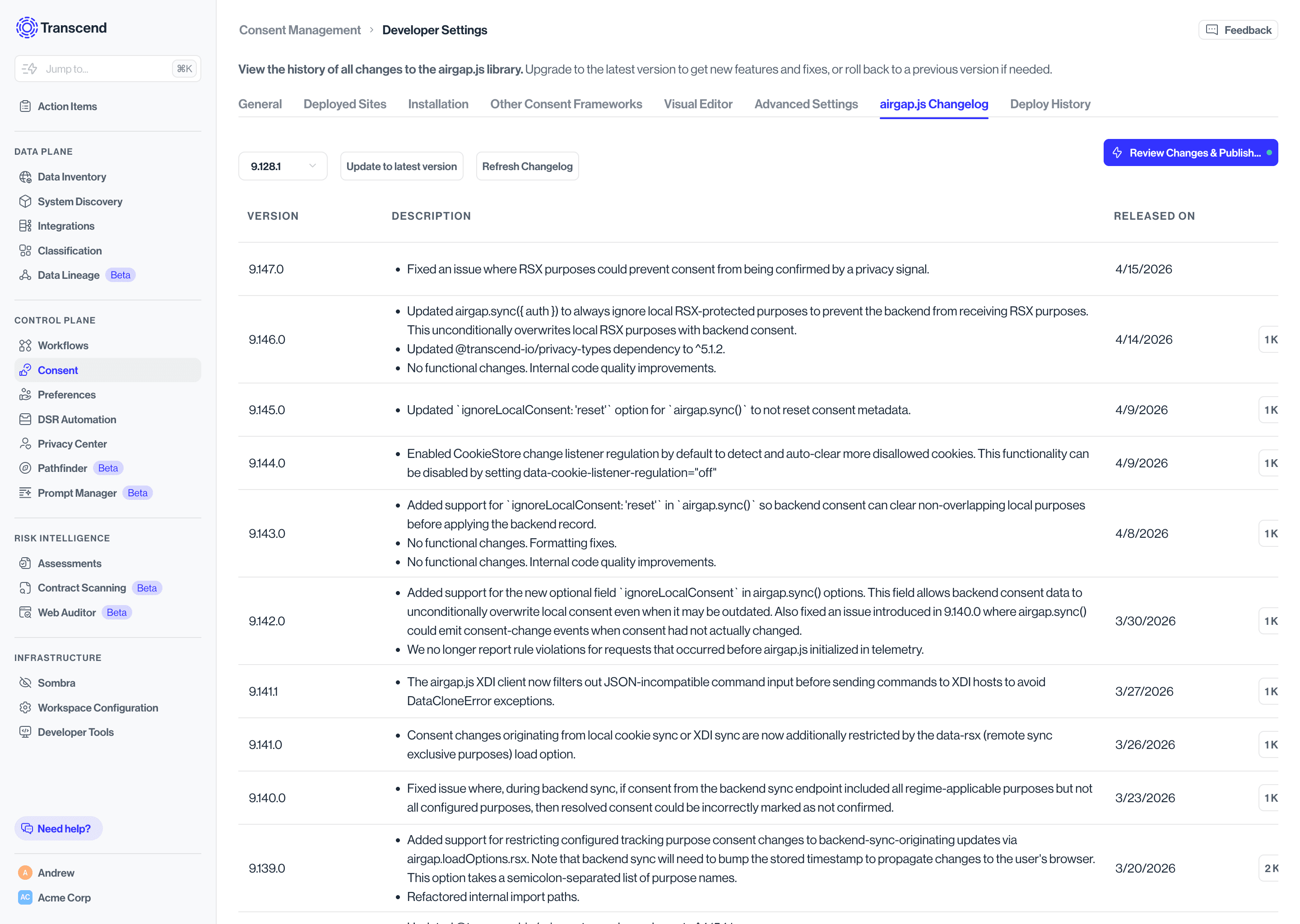 Consent Developer Settings