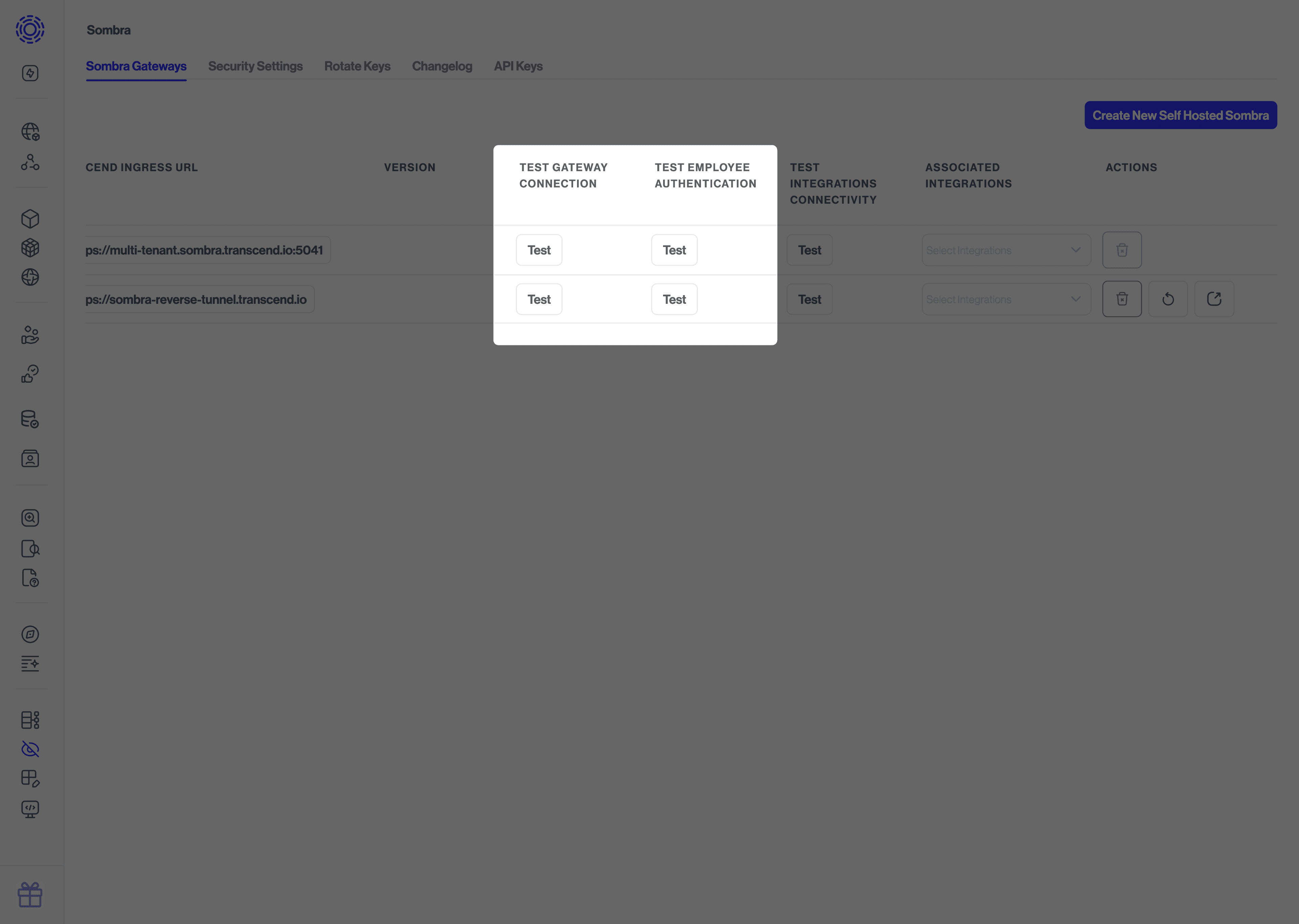 Buttons to test the Sombra connection