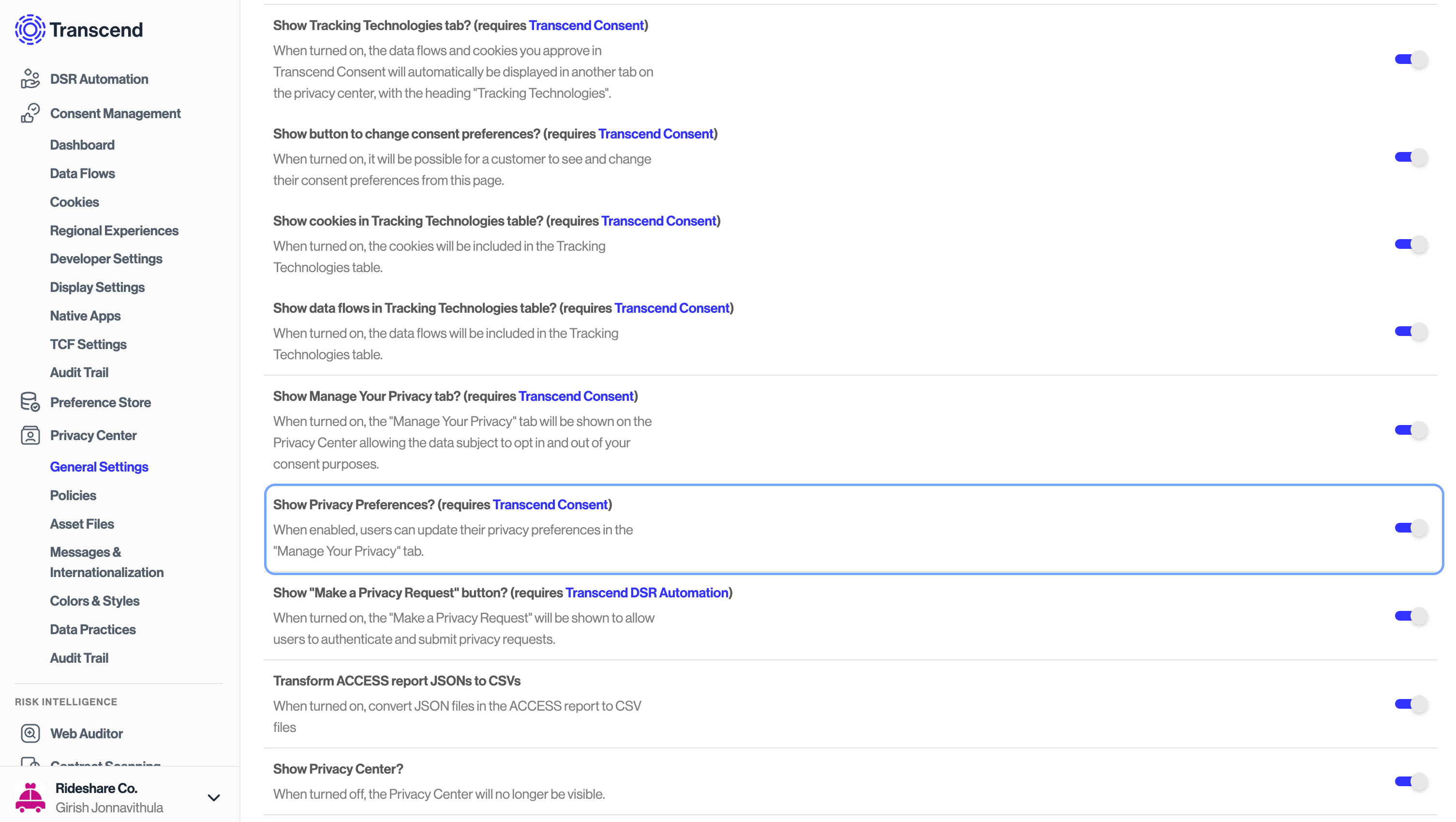Privacy Center > General Settings > Show Privacy Preferences