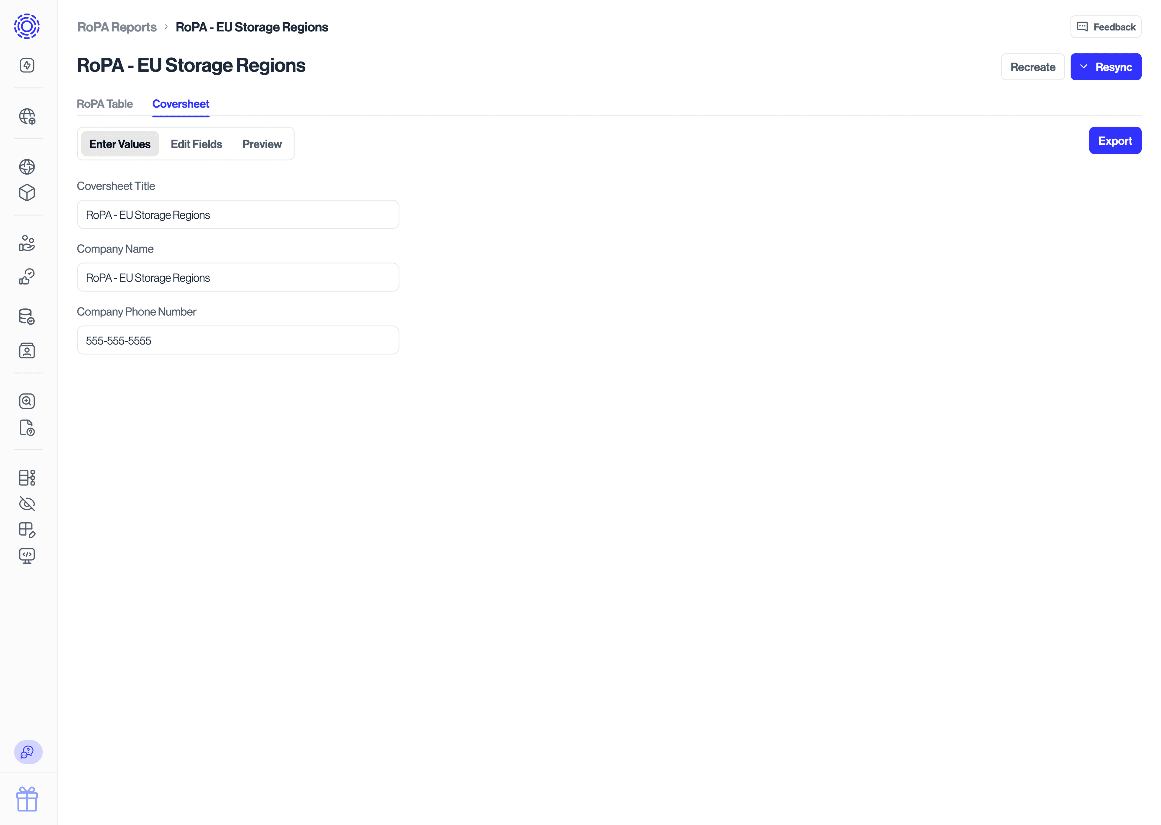 RoPA Coversheet, Edit Values screen