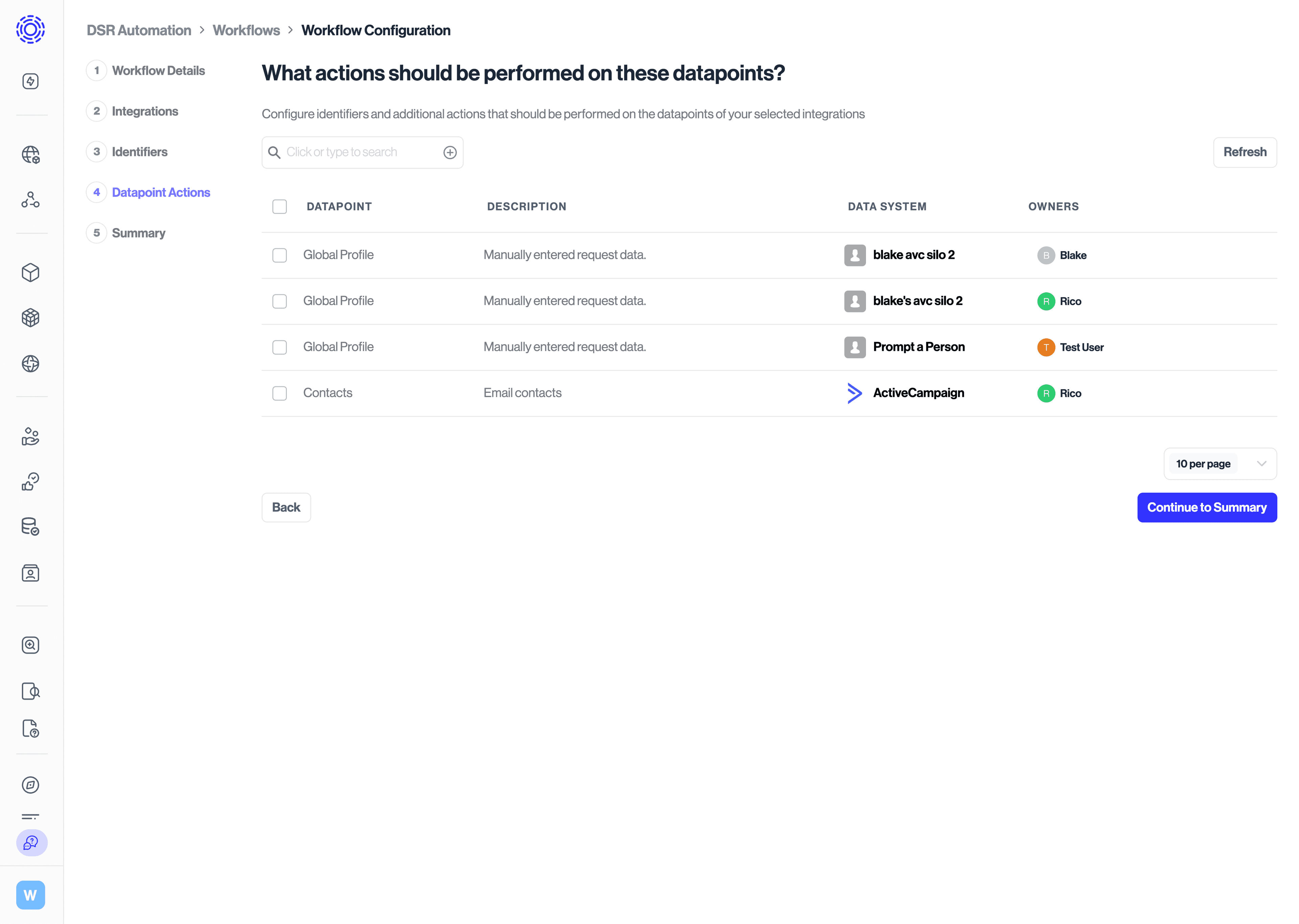 Workflows datapoint actions configuration main view